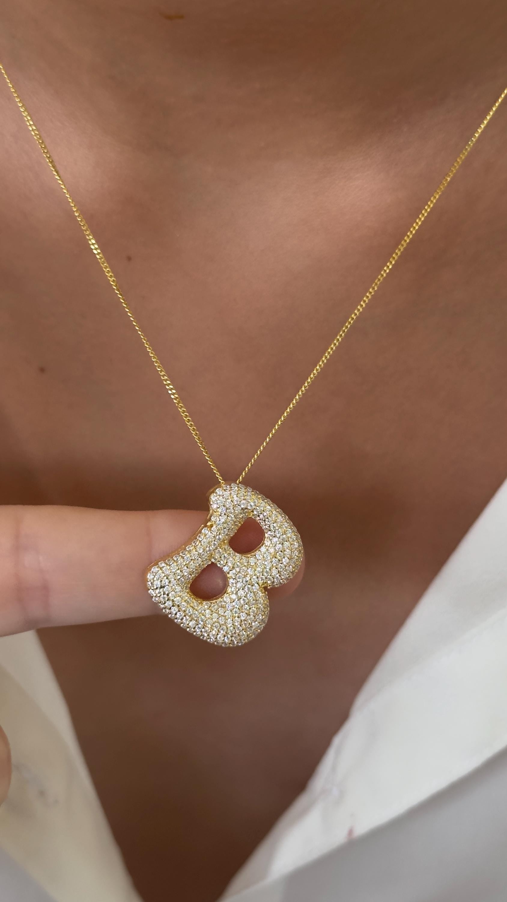 Personalized Bubble Letter Necklace - Jumbo Diamond Initial Pendant Sterling Silver 14k Gold