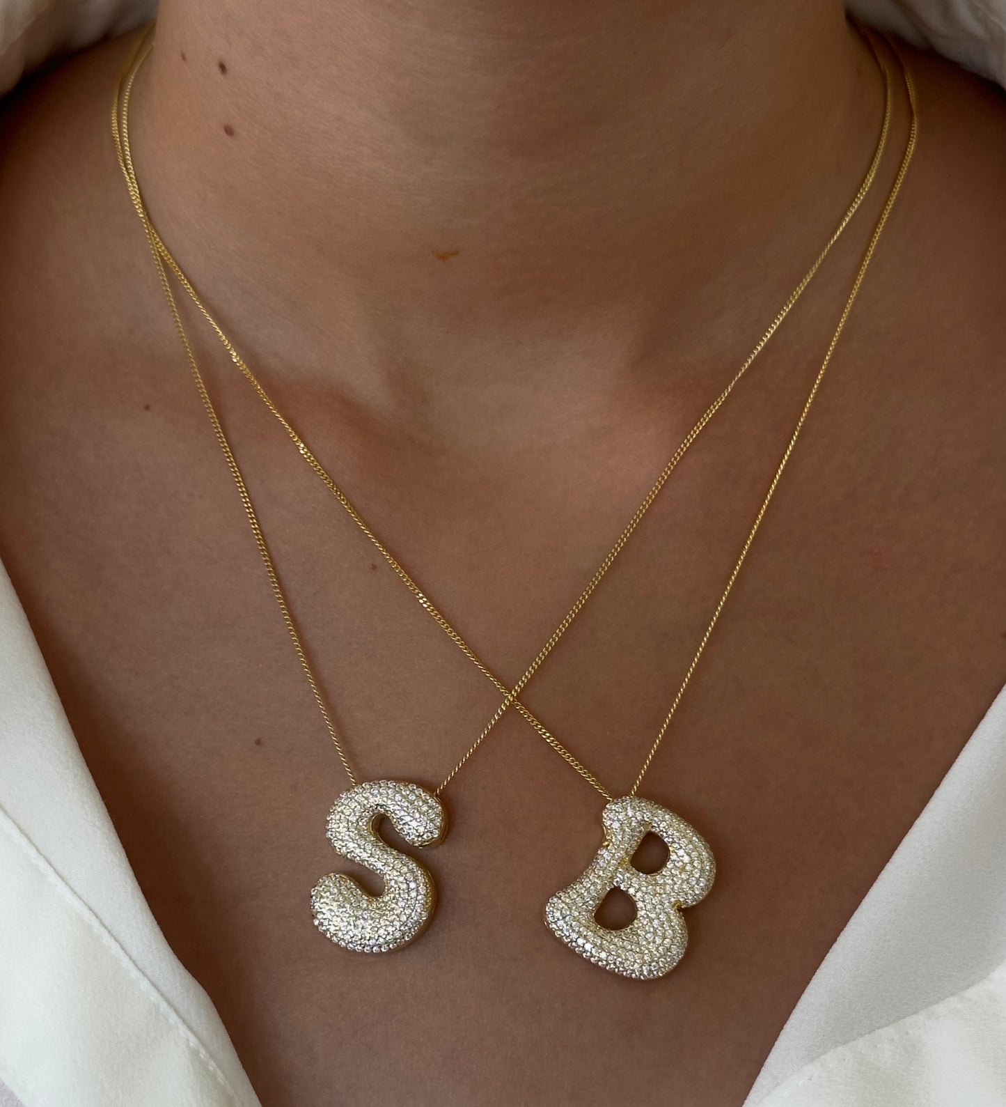 Personalized Bubble Letter Necklace - Jumbo Diamond Initial Pendant Sterling Silver 14k Gold