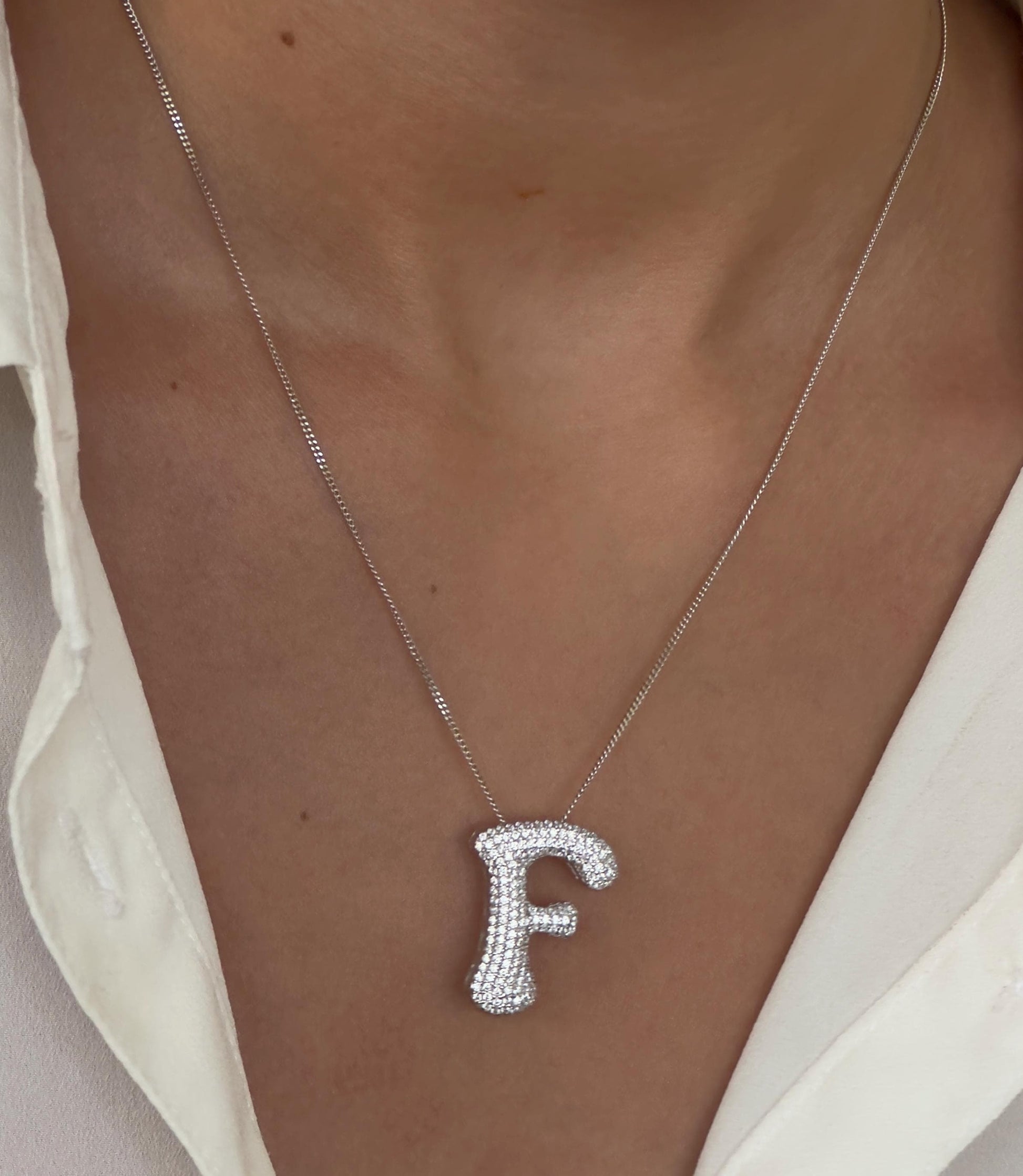 Personalized Bubble Letter Necklace - Jumbo Diamond Initial Pendant Sterling Silver 14k Gold