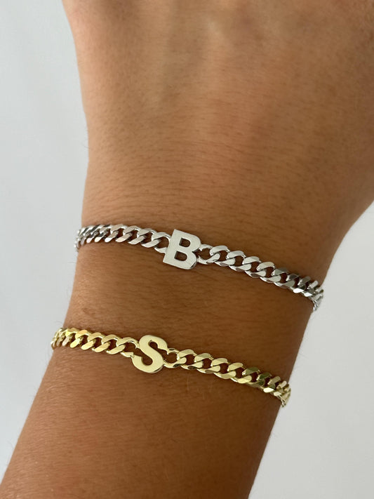 Personalized Initial Bracelet, Custom Letter Bracelet, Gold Miami Curb Chain, 925 Sterling Silver Monogram Jewelry, Couples Matching Gift, Handmade Jewelry
