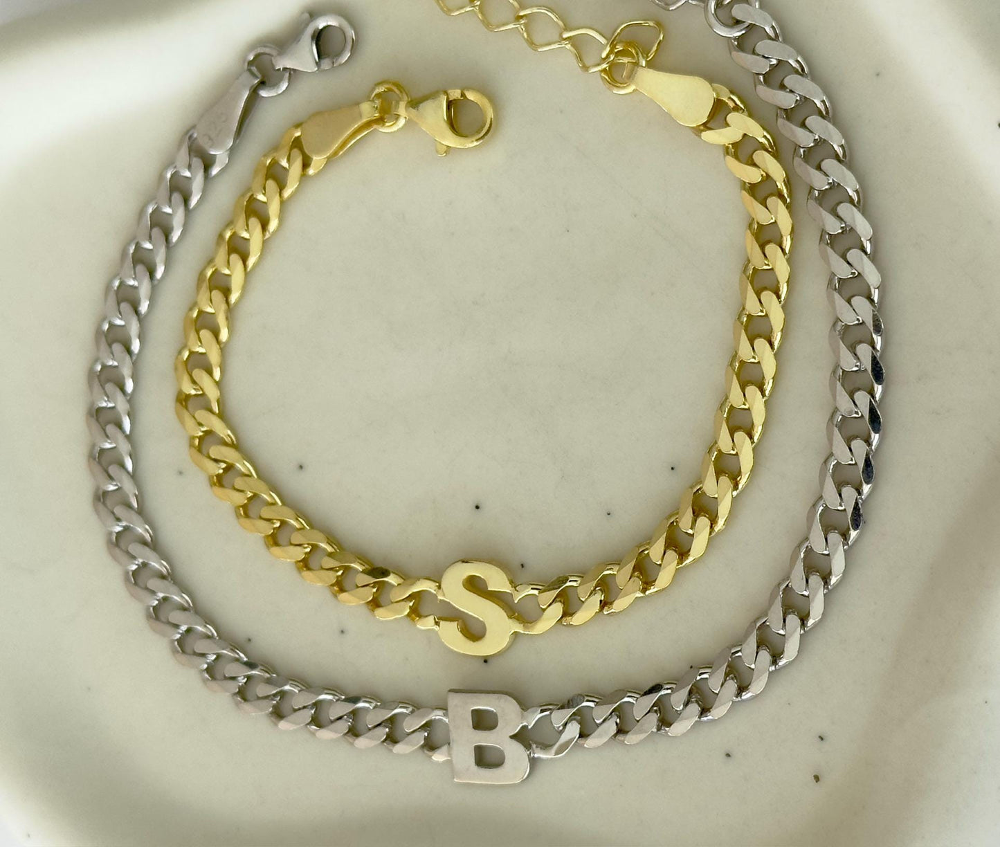 Personalized Initial Bracelet ‚Äì 925 Sterling Silver Gold Thick Curb Chain Couples Custom Jewelry Gift