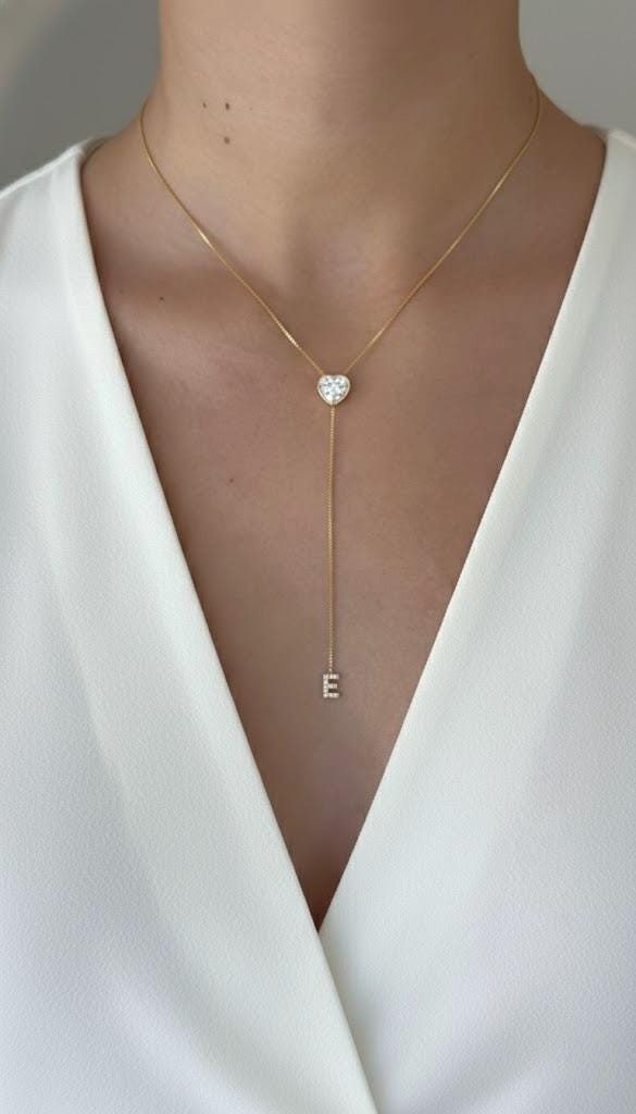 Dainty Lariat Necklace, CZ Gemstone Initial Necklace Gold, 3D Diamond Heart Pendant, Personalized Long Y Necklace, Custom Letter Necklace, Gifts for Women, Minimalist Jewelry