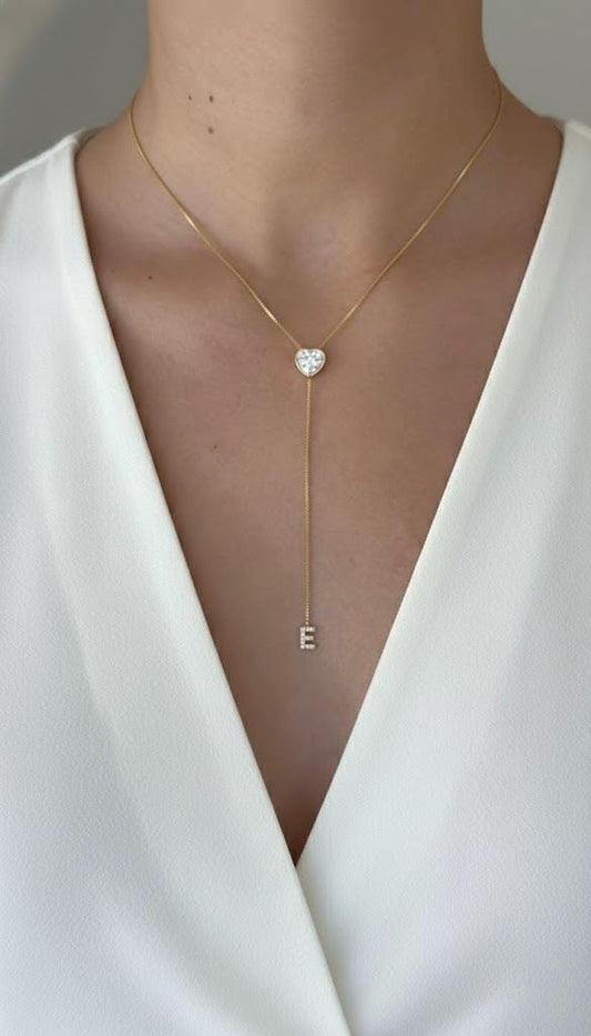 Dainty Lariat Necklace, CZ Gemstone Initial Necklace Gold, 3D Diamond Heart Pendant, Personalized Long Y Necklace, Custom Letter Necklace, Gifts for Women, Minimalist Jewelry