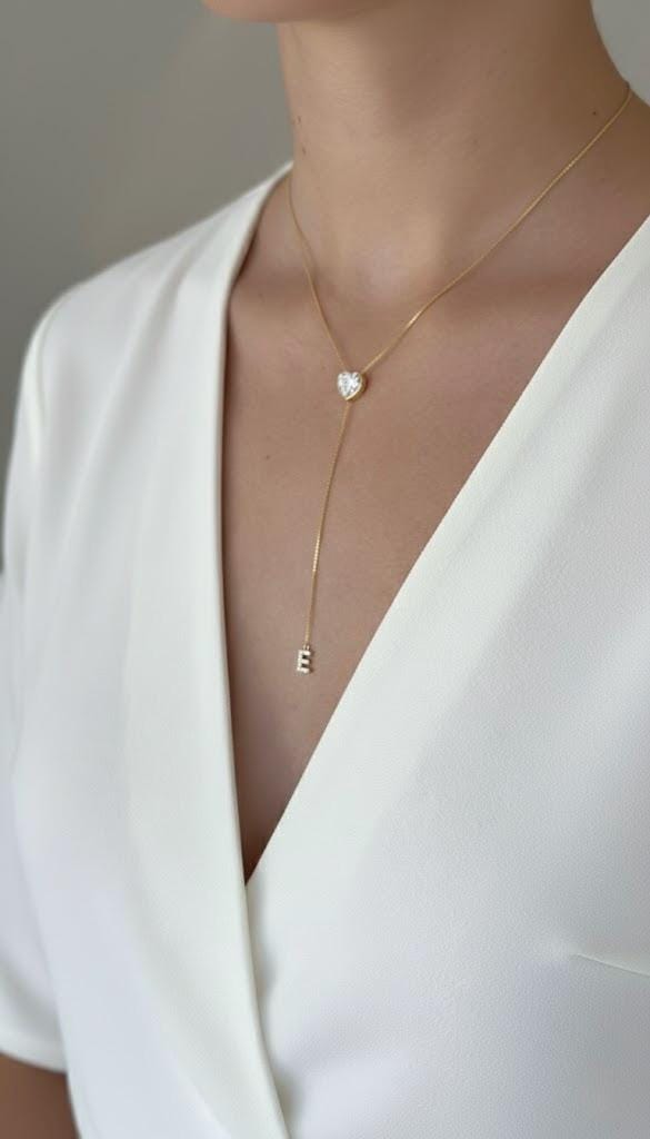 Personalized Initial Lariat Necklace: Sterling Silver Custom 3D Diamond Heart Pendant Long Y Drop