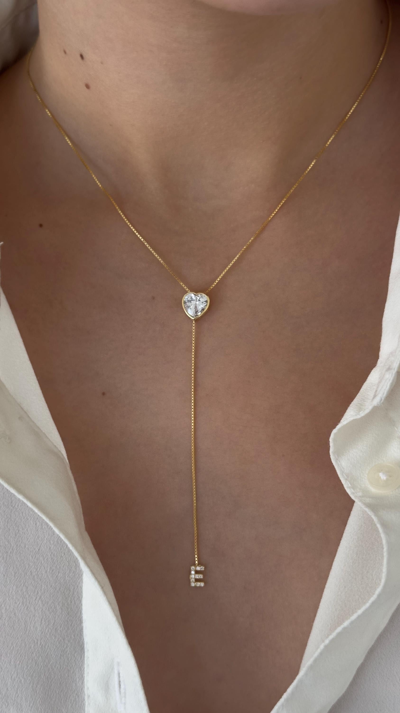 Dainty Lariat Necklace, CZ Gemstone Initial Necklace Gold, 3D Diamond Heart Pendant, Personalized Long Y Necklace, Custom Letter Necklace, Gifts for Women, Minimalist Jewelry