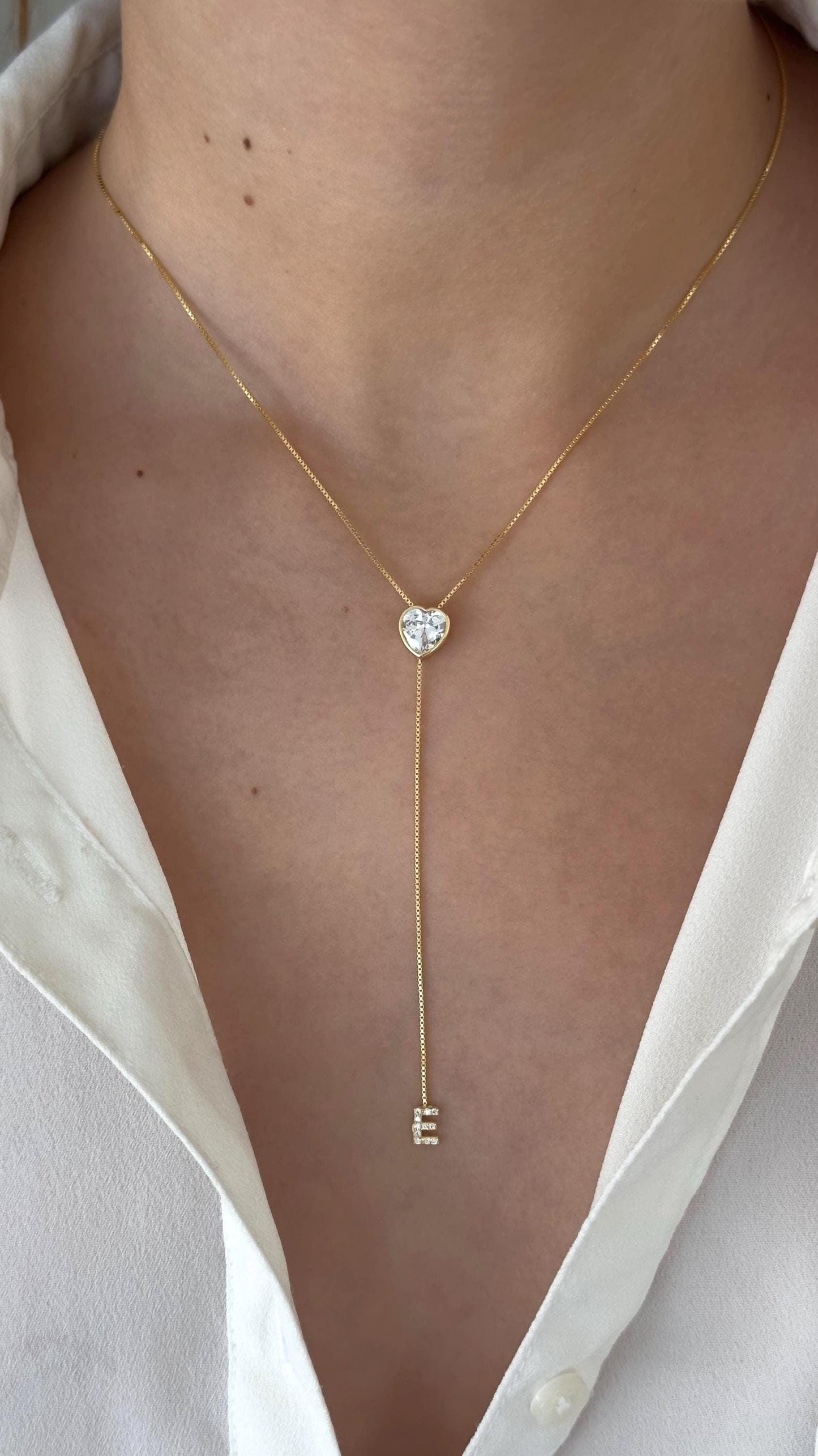 Dainty Lariat Necklace, CZ Gemstone Initial Necklace Gold, 3D Diamond Heart Pendant, Personalized Long Y Necklace, Custom Letter Necklace, Gifts for Women, Minimalist Jewelry