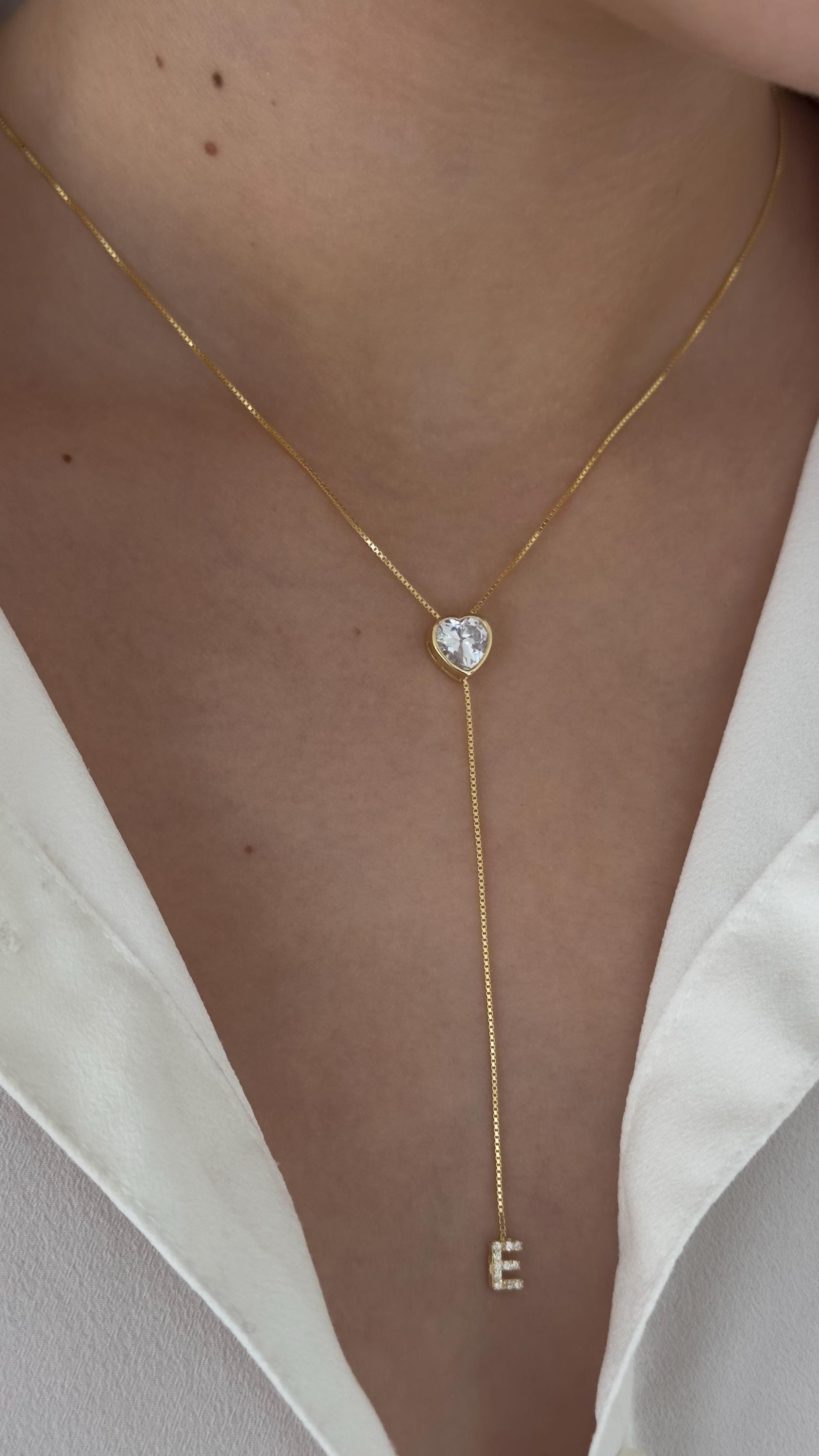 Personalized Initial Lariat Necklace: Sterling Silver Custom 3D Diamond Heart Pendant Long Y Drop