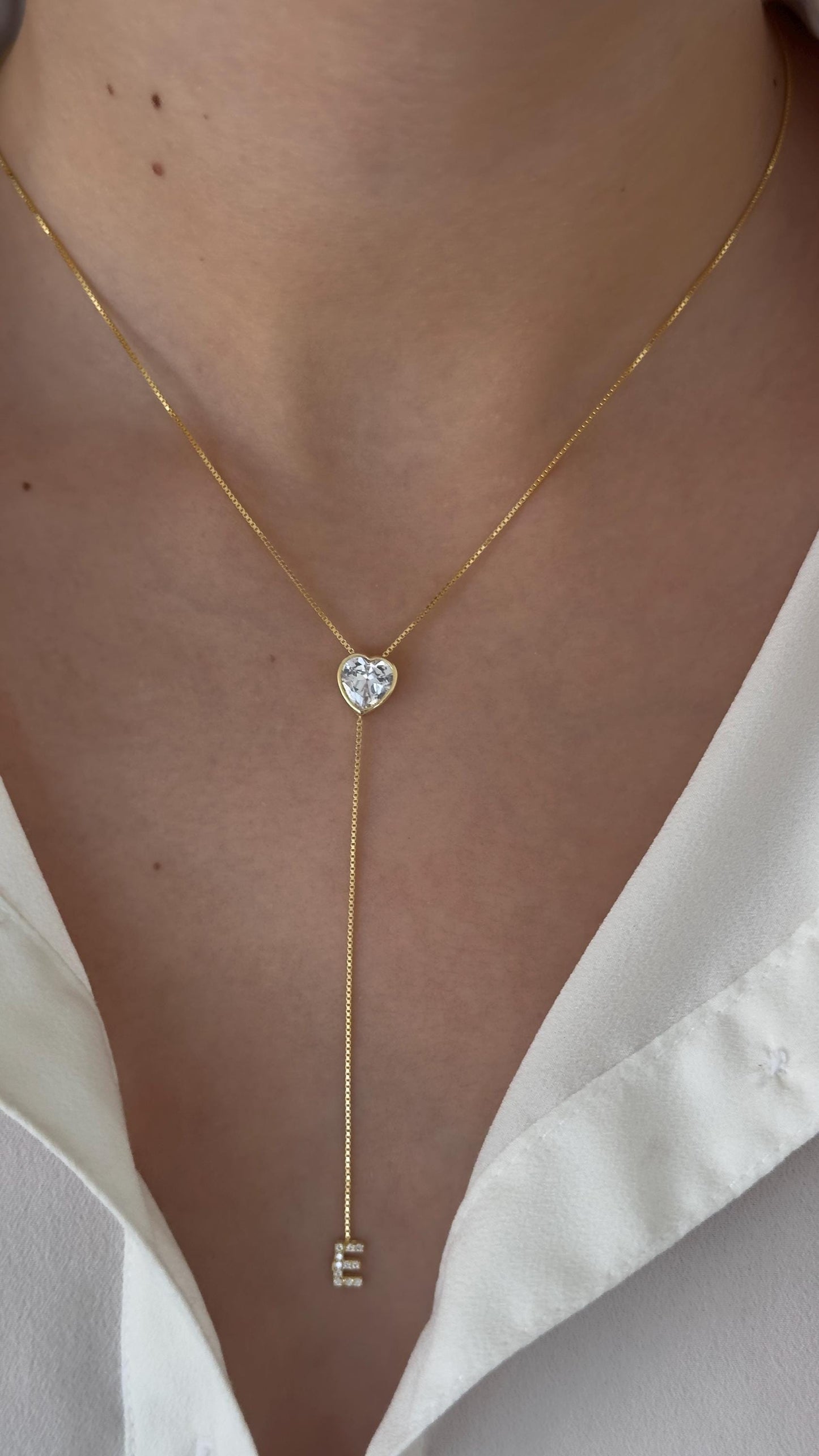 Personalized Initial Lariat Necklace: Sterling Silver Custom 3D Diamond Heart Pendant Long Y Drop