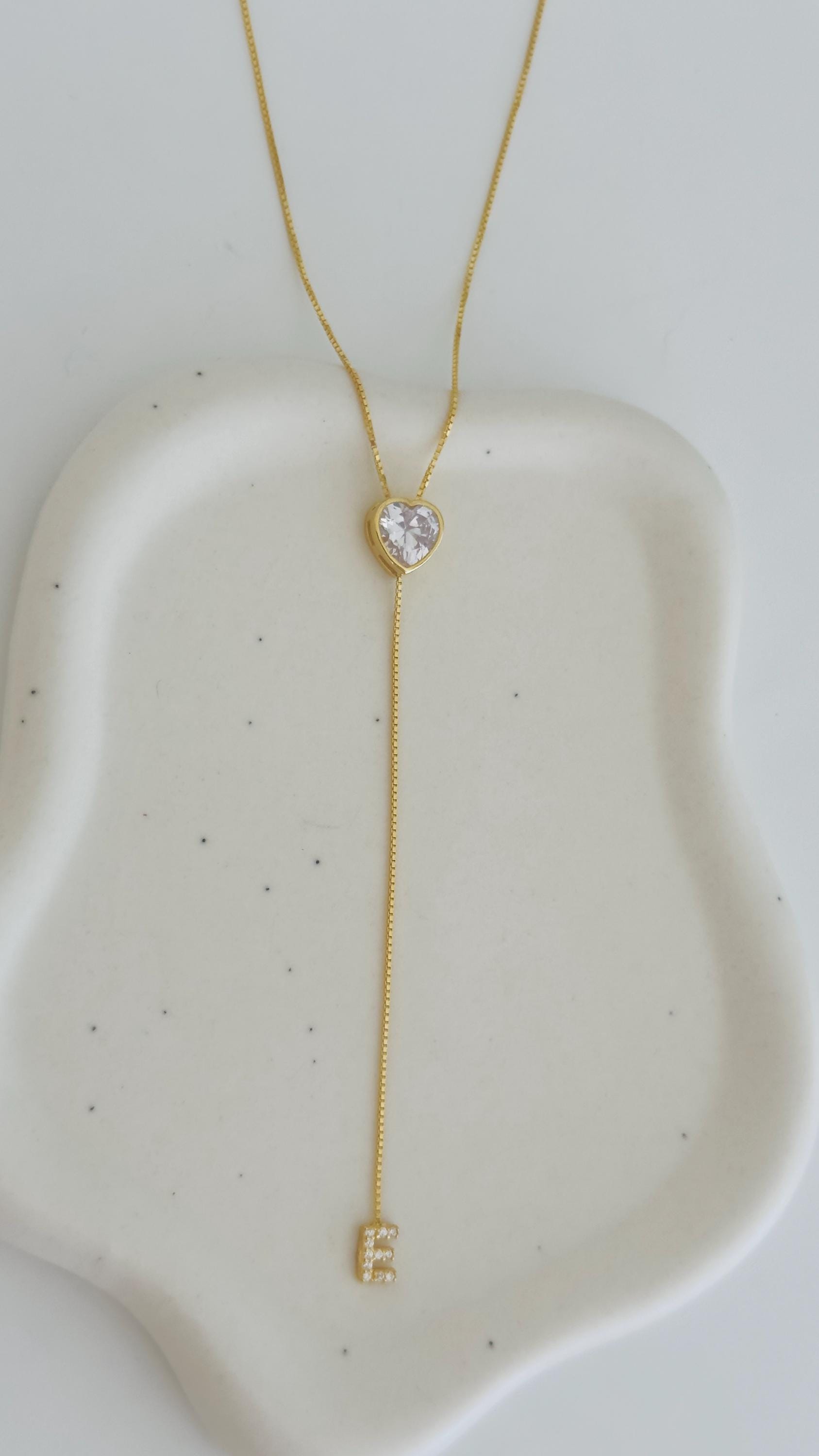 Personalized Initial Lariat Necklace: Sterling Silver Custom 3D Diamond Heart Pendant Long Y Drop