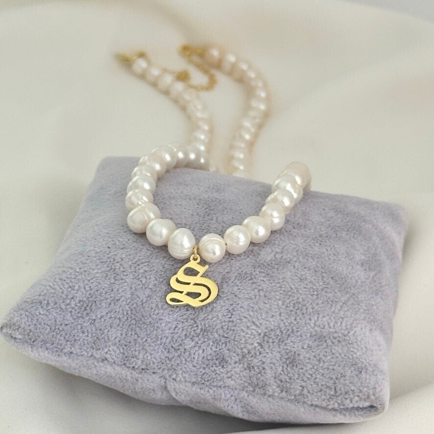 Old English initial pearl necklace gold plated