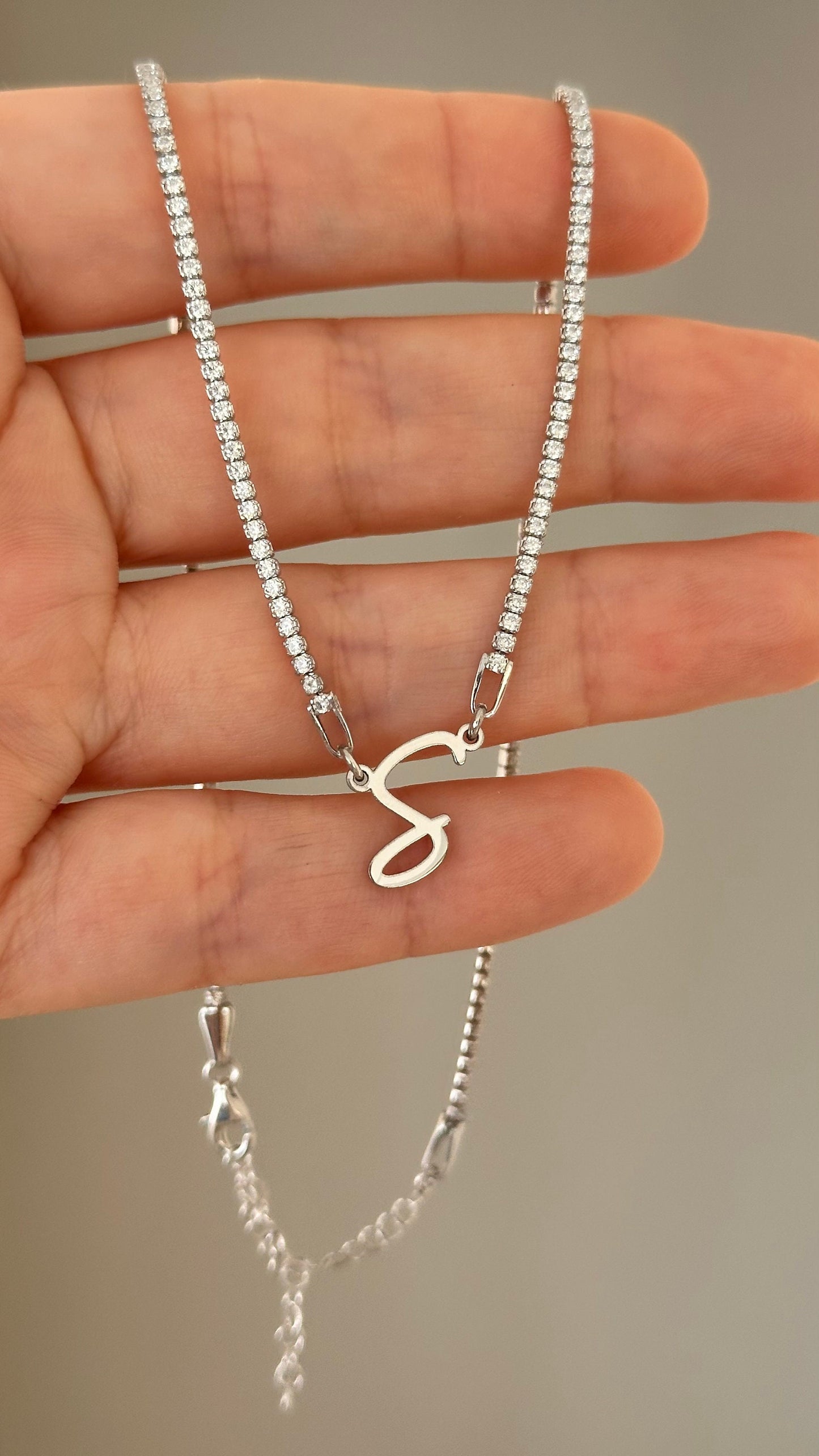 Personalized Initial Tennis Necklace: Sterling Silver Custom Letter Pendant
