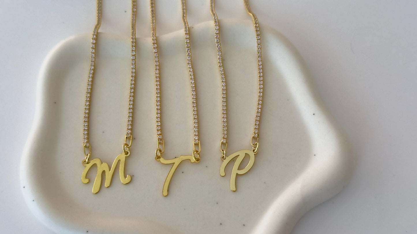 Personalized Initial Tennis Necklace: Sterling Silver Custom Letter Pendant