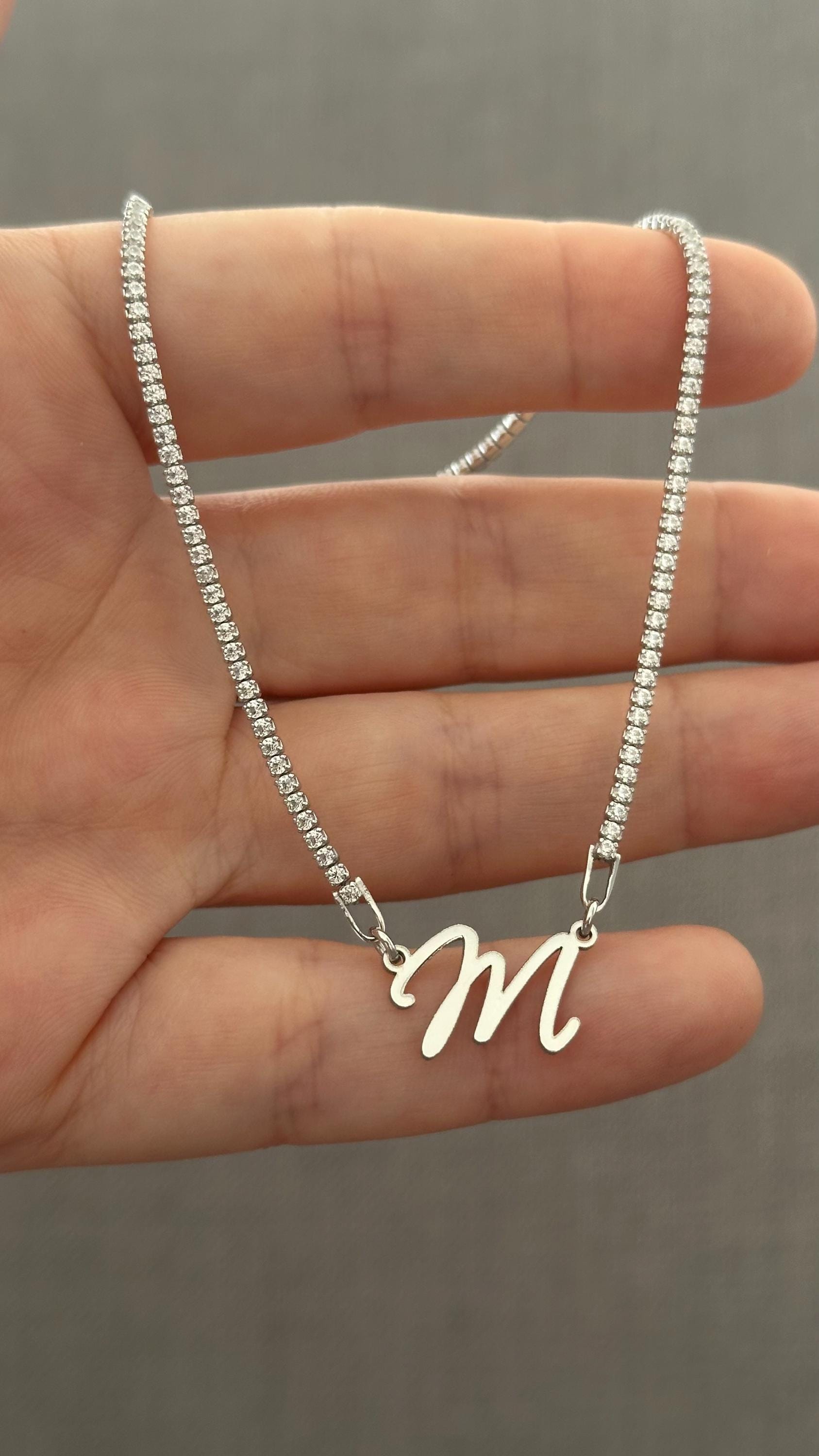 Personalized Initial Tennis Necklace: Sterling Silver Custom Letter Pendant