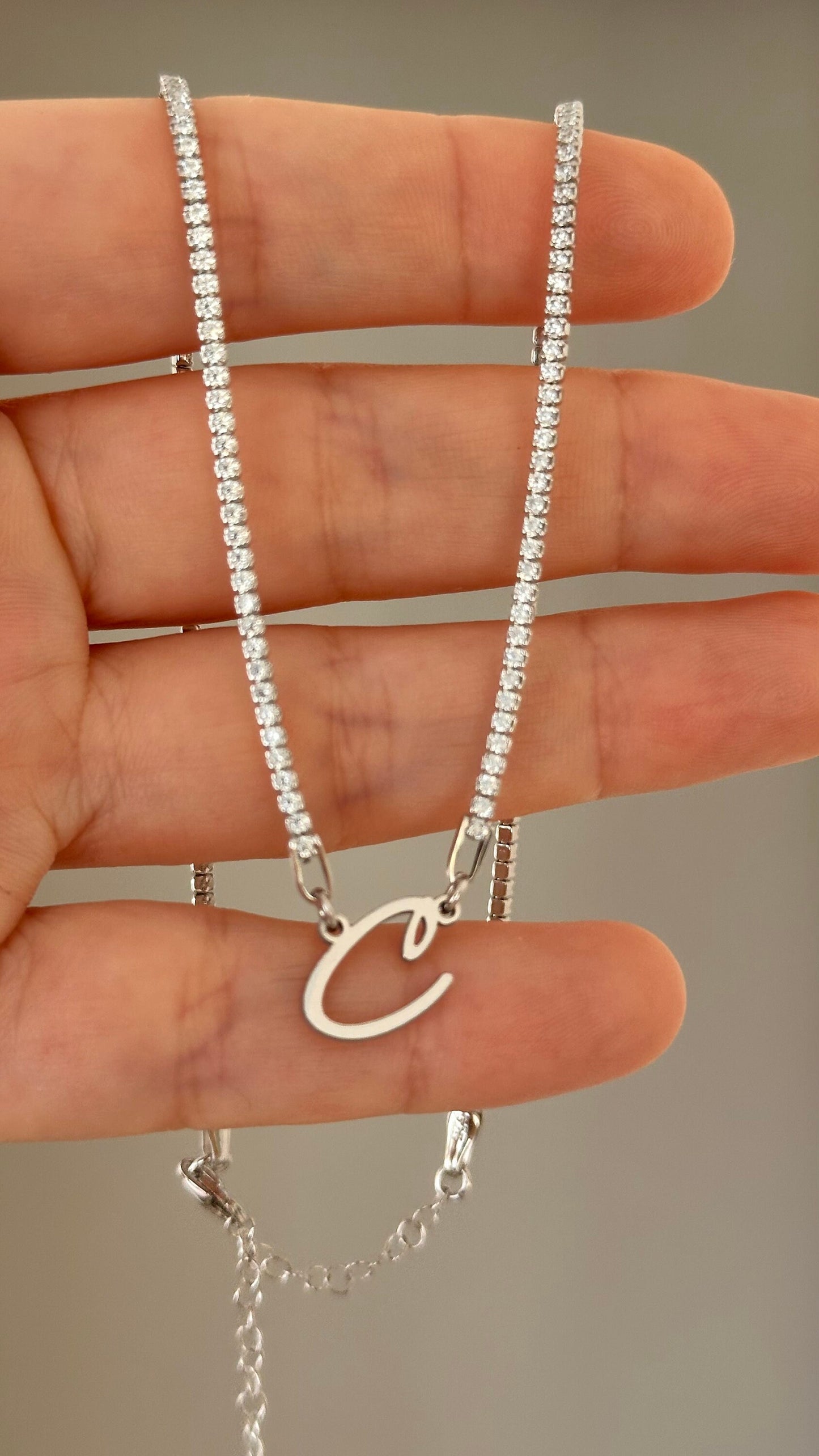 Personalized Initial Tennis Necklace: Sterling Silver Custom Letter Pendant