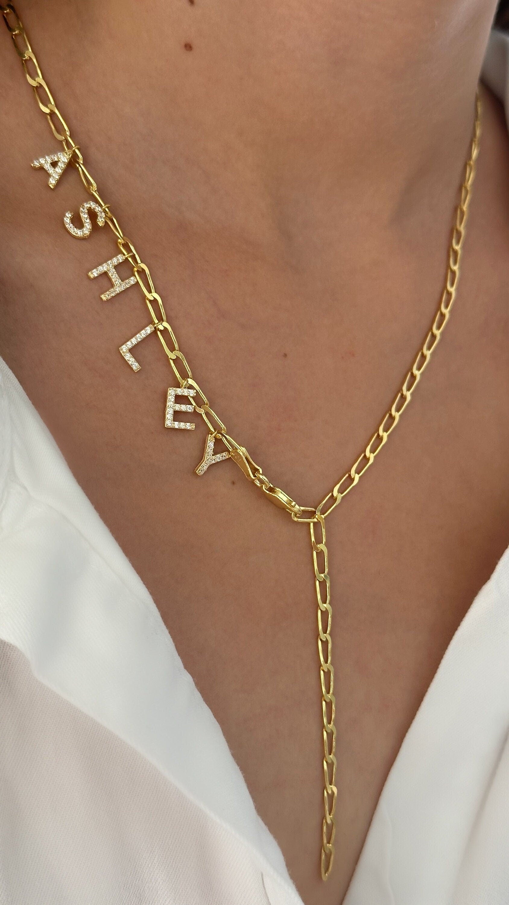 Personalized Lariat Name Necklace - CZ Diamond Initial Pendant Paperclip Link Chain Unique Jewelry