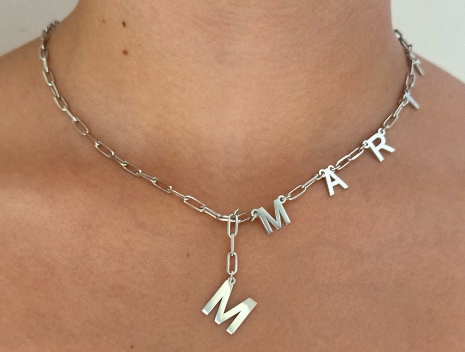 Personalized Lariat Name Necklace; Sterling Silver Paperclip Chain Unique Custom Jewelry