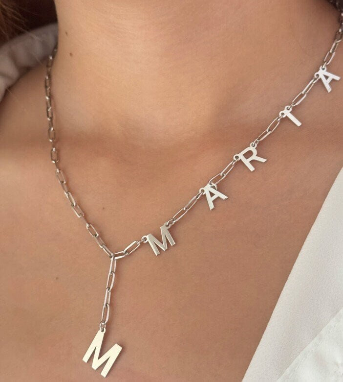Personalized Lariat Name Necklace; Sterling Silver Paperclip Chain Unique Custom Jewelry