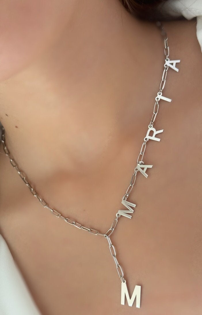 Personalized Lariat Name Necklace; Sterling Silver Paperclip Chain Unique Custom Jewelry