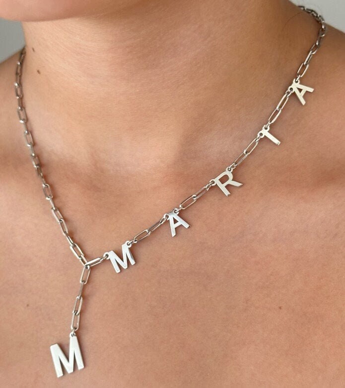 Personalized Lariat Name Necklace; Sterling Silver Paperclip Chain Unique Custom Jewelry