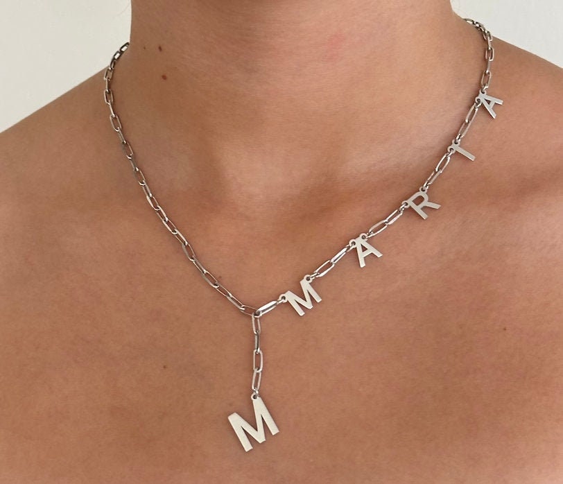 Personalized Lariat Name Necklace; Sterling Silver Paperclip Chain Unique Custom Jewelry