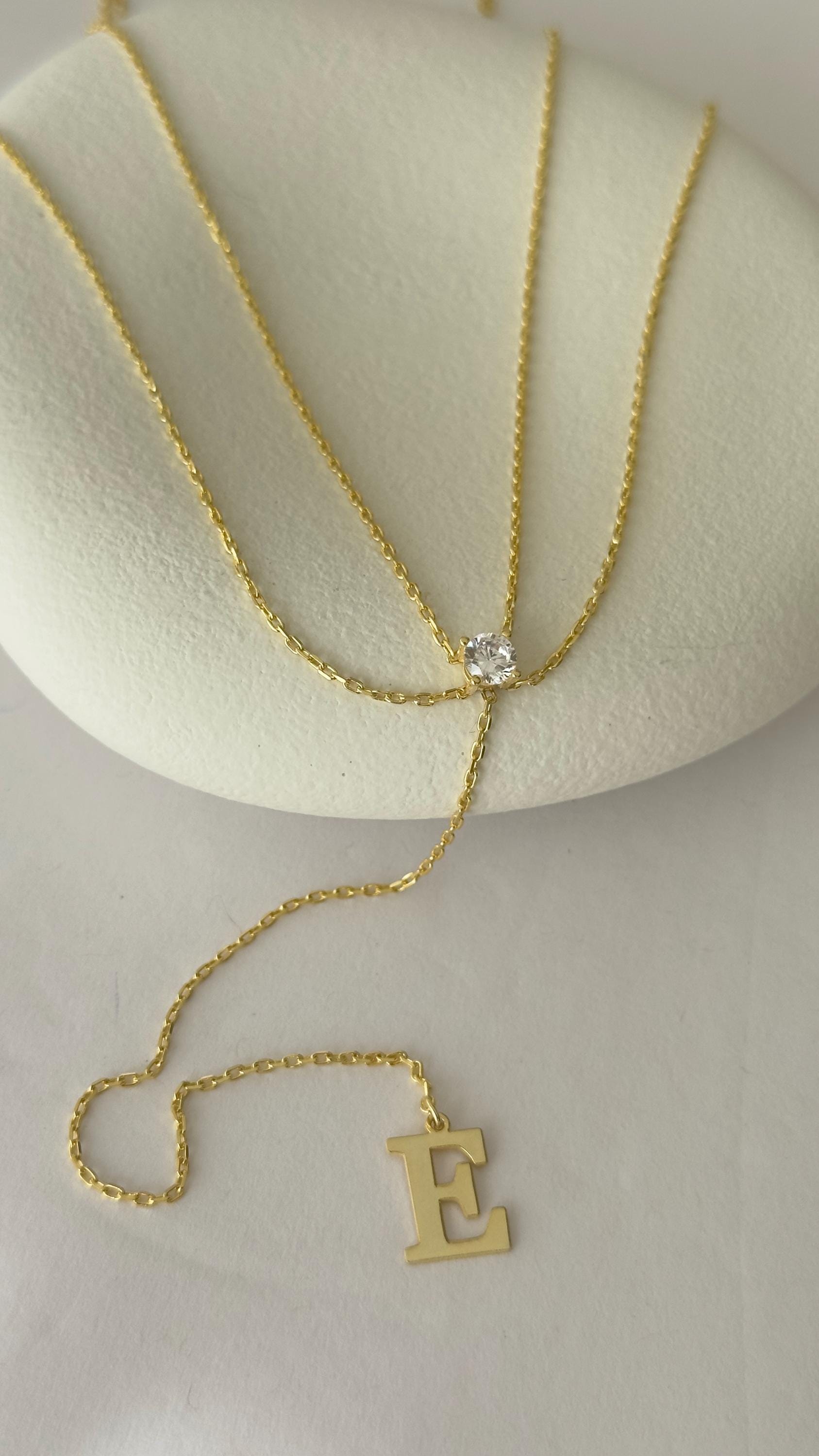Personalized Lariat Necklace: Sterling Silver Long Y-Drop Initial Pendant, CZ Solitaire Diamond