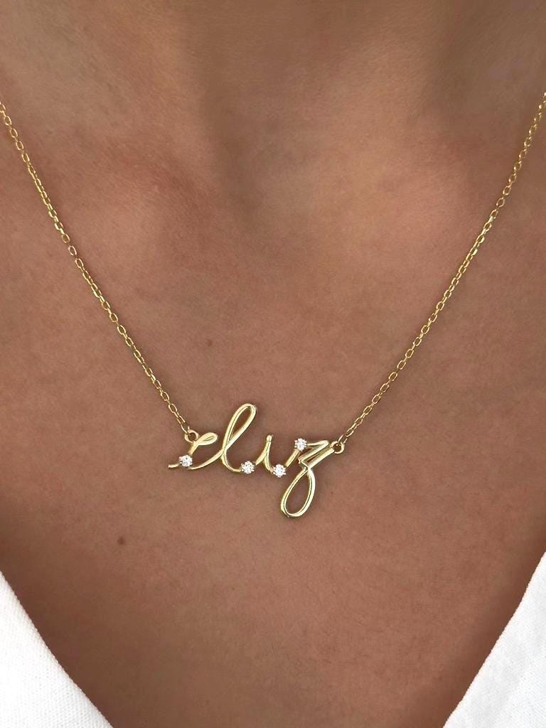 Personalized gold name necklace with cubic zirconia solitaire diamond pendant on dainty cable chain, 925 Sterling Silver 14k Gold Plated Jewelry Gift for her