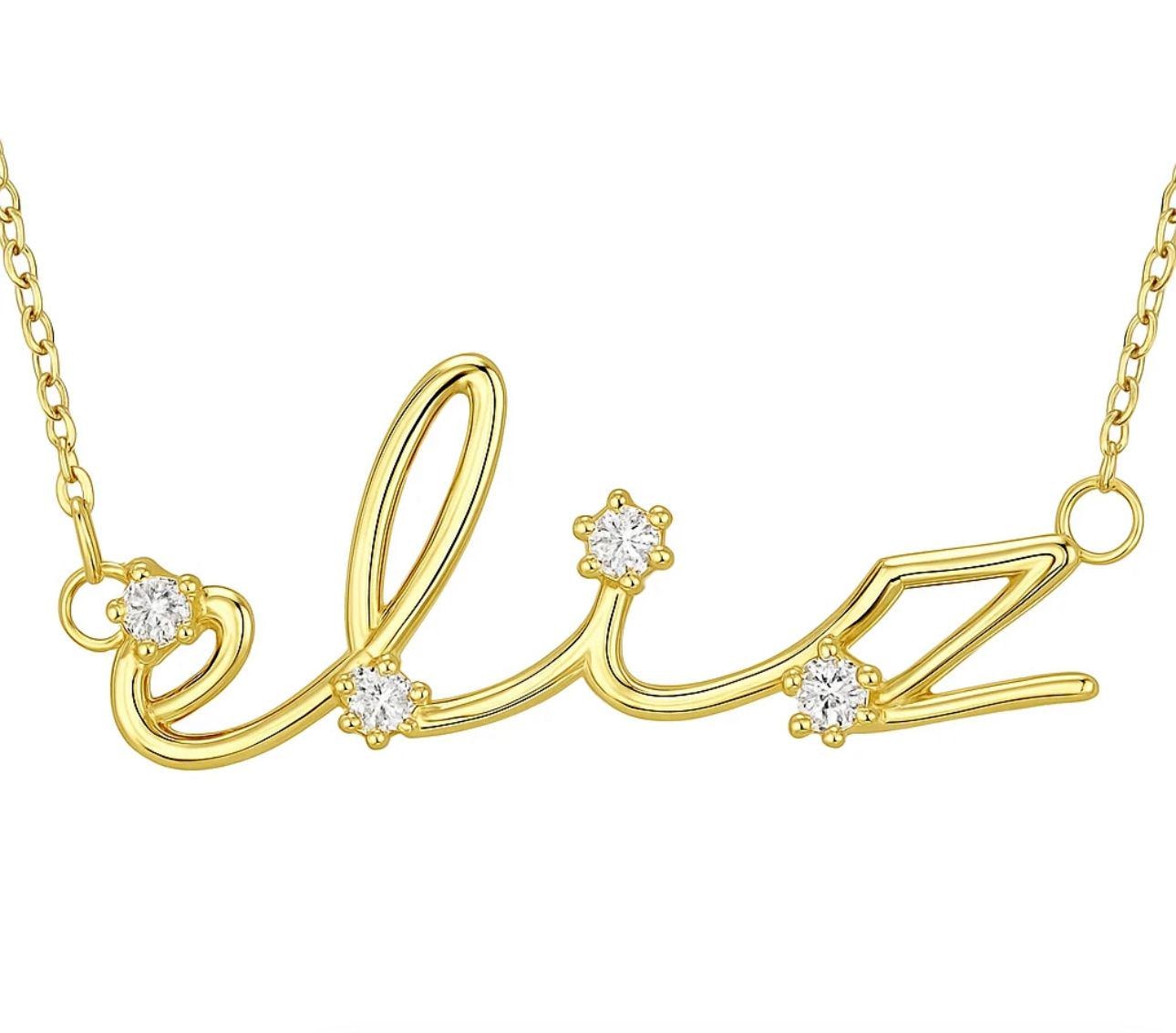 Personalized Name Necklace: Cubic Zirconia Solitaire Diamond 14k Gold Plated Sterling Silver Jewelry