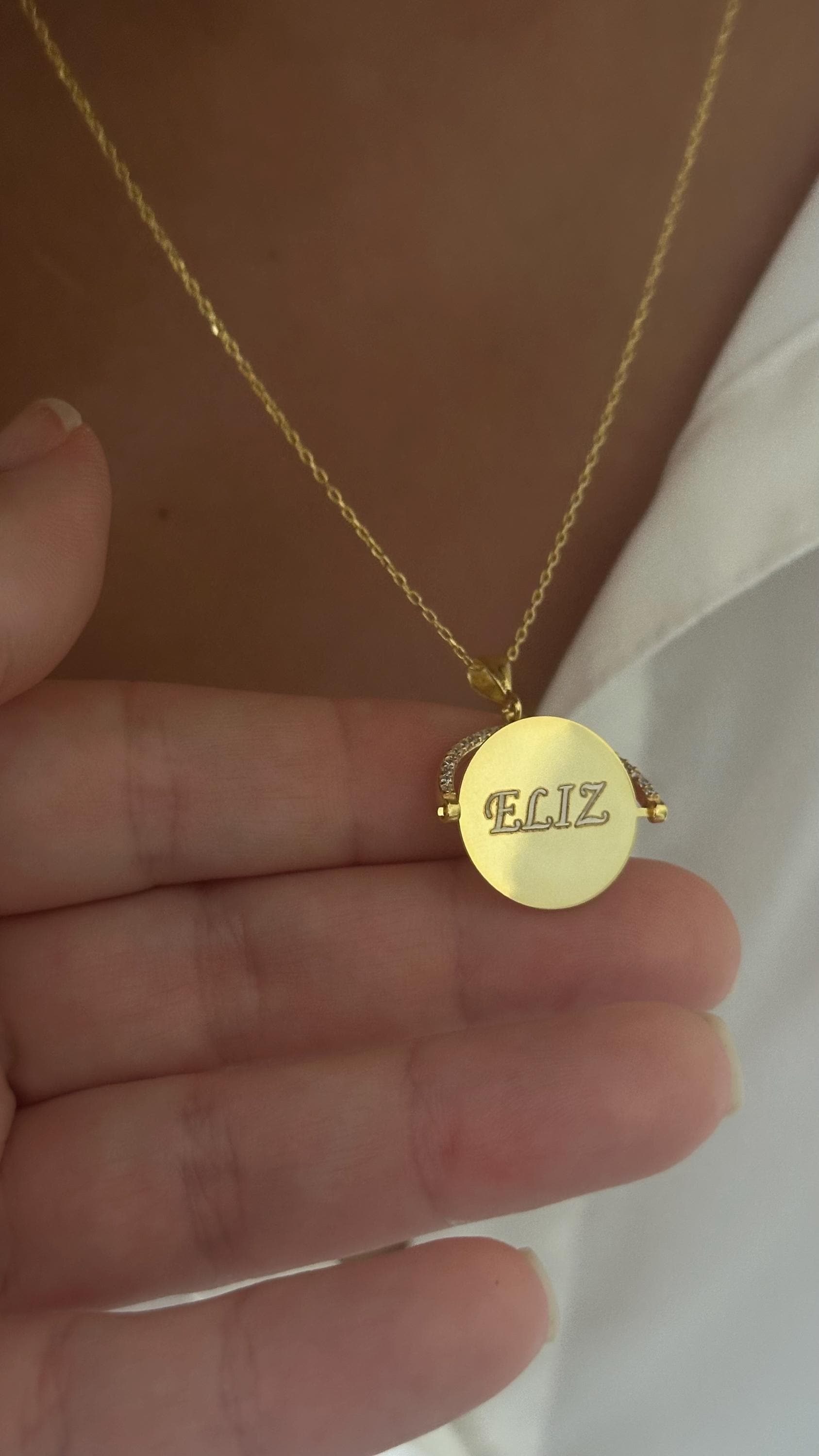 Personalized Spinner Pendant Necklace: Custom Engraved Name Date, CZ Diamond, Sterling Silver Jewelry