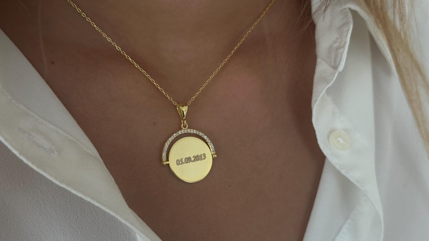 Personalized Spinner Necklace, Custom Name Necklace, Date Necklace, Engraved Pendant Gold, Diamond Necklace, Memorial Gifts, New Mom Gift, Handmade Jewelry, 925 Sterling Silver