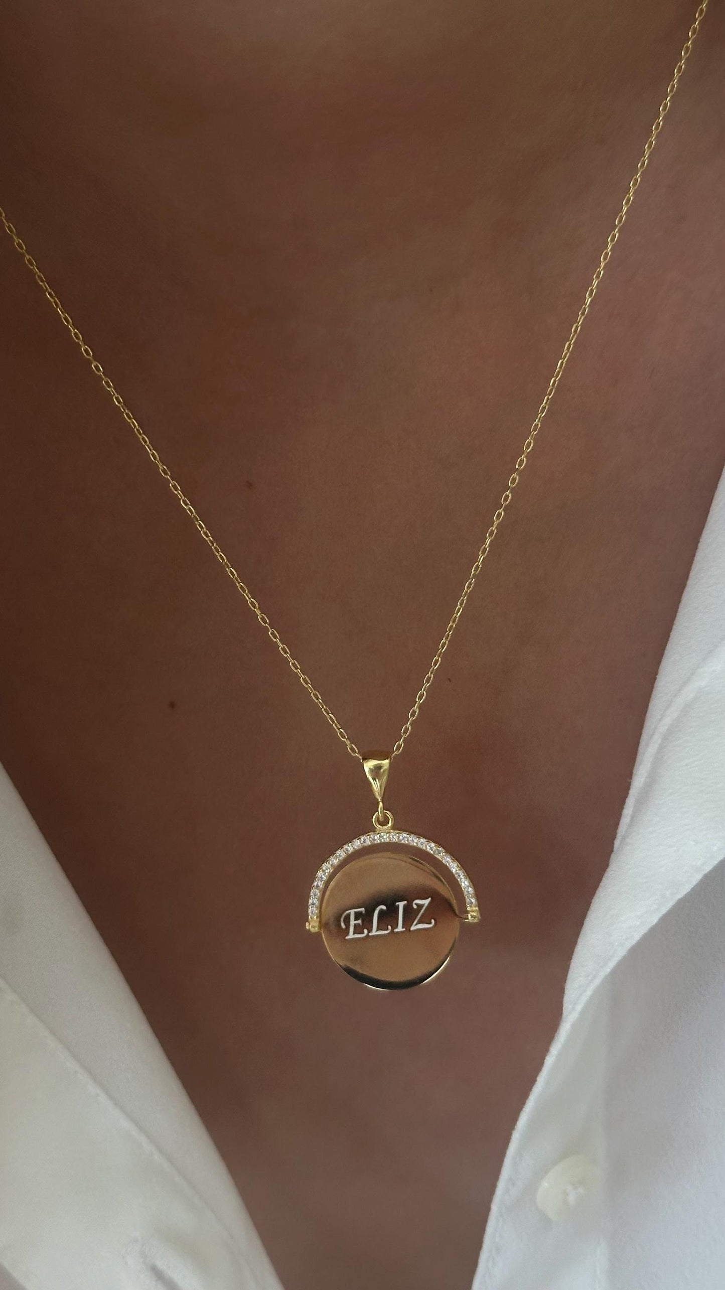 Personalized Spinner Pendant Necklace: Custom Engraved Name Date, CZ Diamond, Sterling Silver Jewelry
