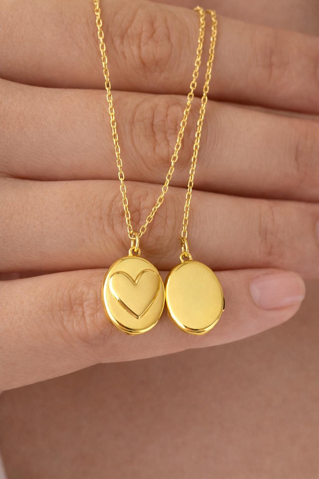 Photo Locket Necklace, Openable Picture Locket, Oval Heart Pendant Gold, Memorial Gift, Sterling Silver