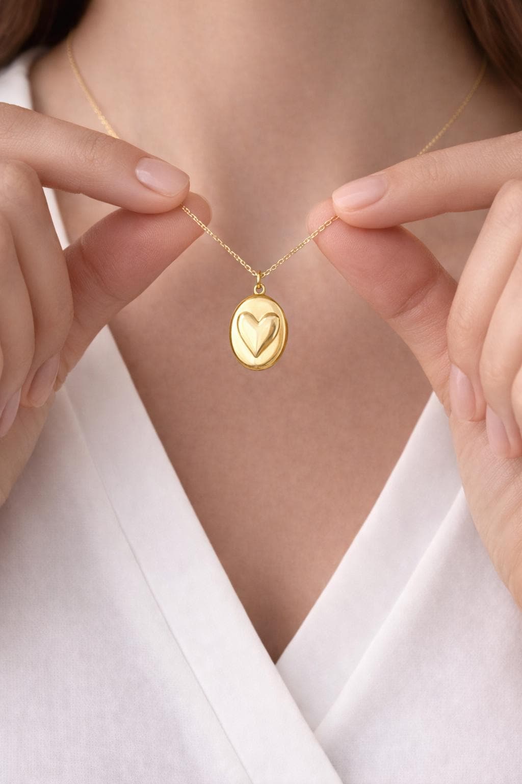 Heart locket necklace worn on model