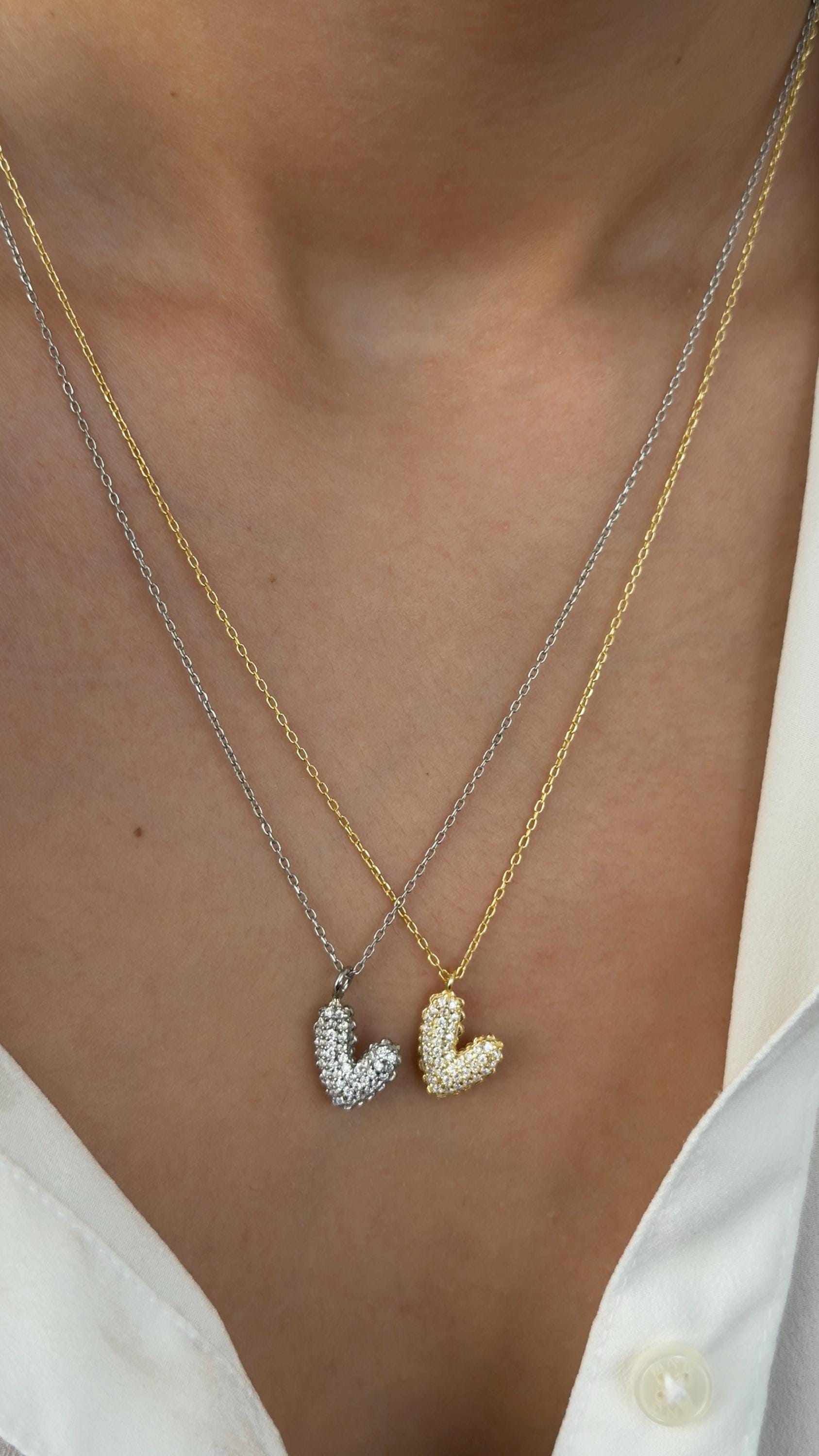Puffy Heart Necklace: CZ Gemstone Sterling Silver 3D Pendant, 14k Gold Plated Layering Necklaces