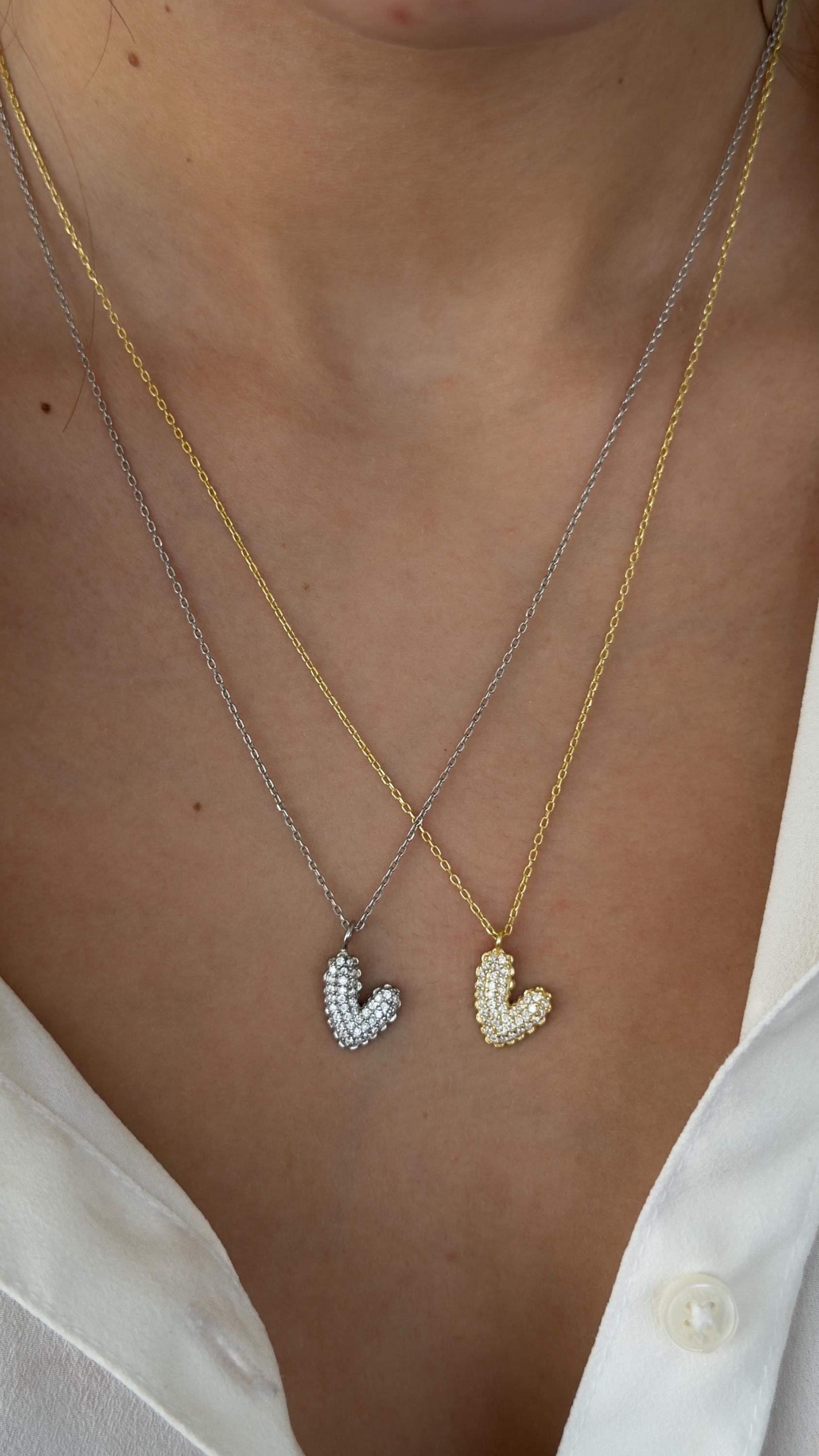 Puffy Heart Necklace: CZ Gemstone Sterling Silver 3D Pendant, 14k Gold Plated Layering Necklaces