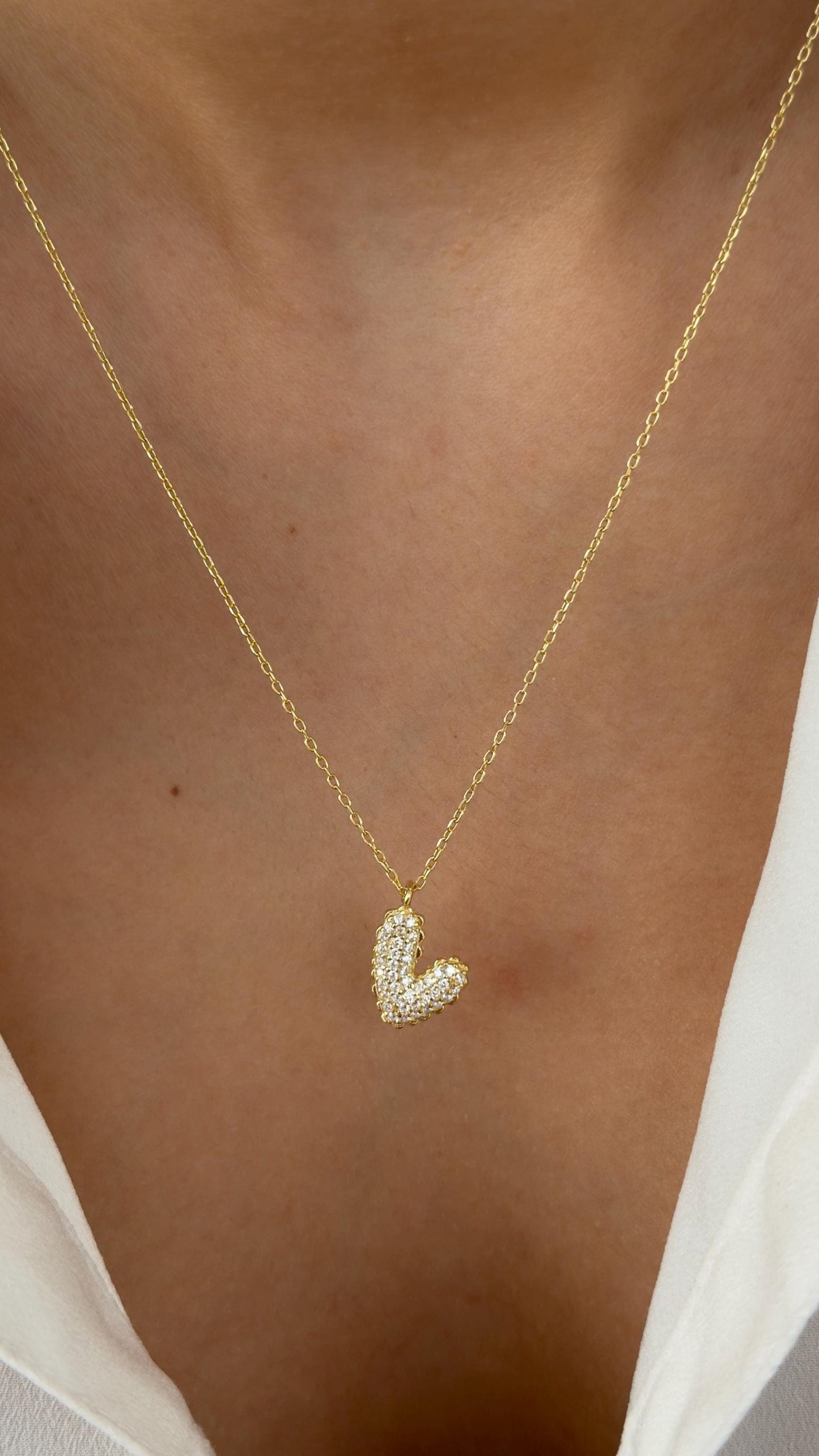 Puffy Heart Necklace: CZ Gemstone Sterling Silver 3D Pendant, 14k Gold Plated Layering Necklaces