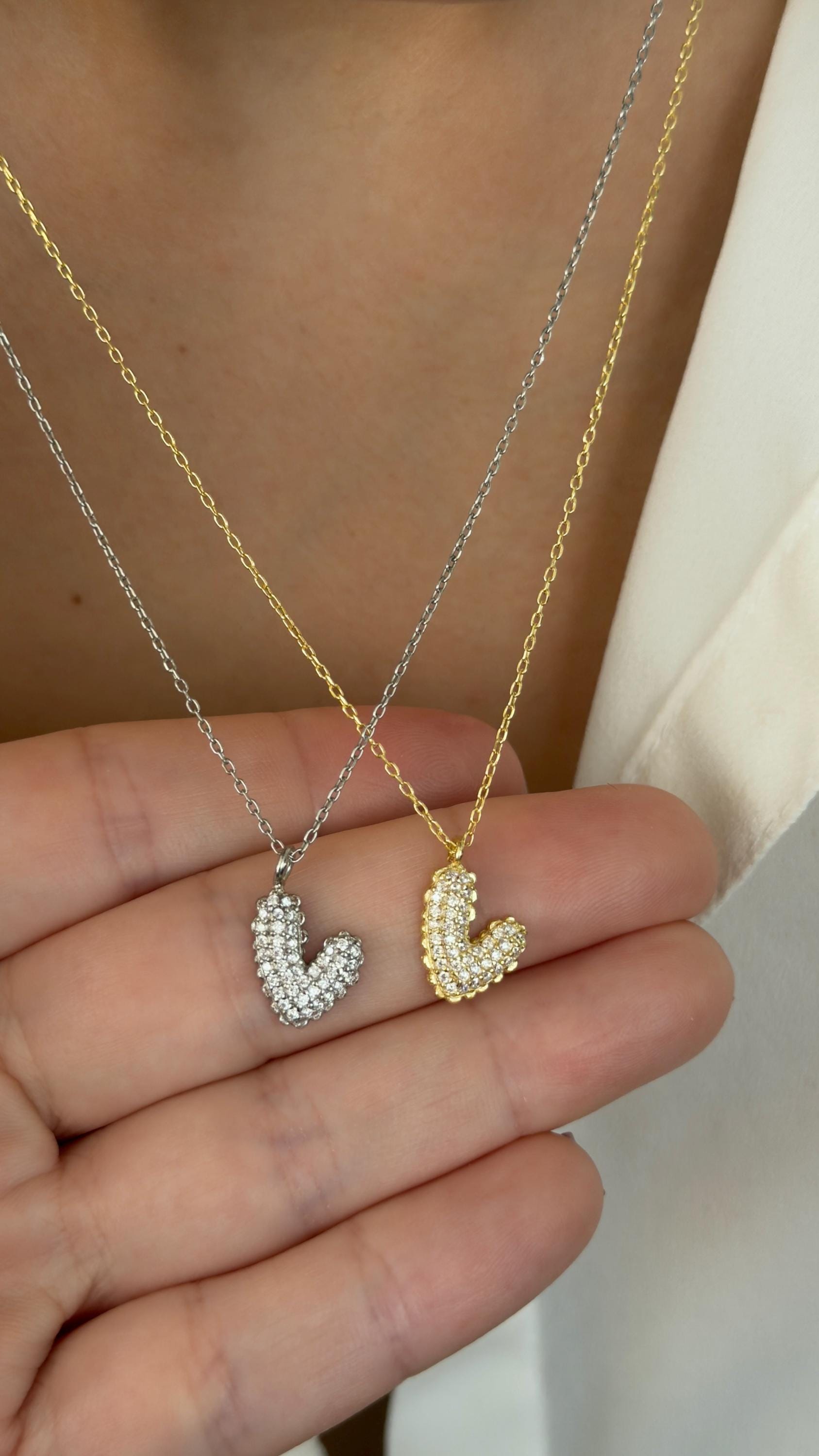 Dainty diamond heart necklace 3d puffy pendant cz gemstone sparkle minimalist jewelry 925 sterling silver layering necklaces, gift for her Christmas birthday valentine's Day mother's day anniversary graduation