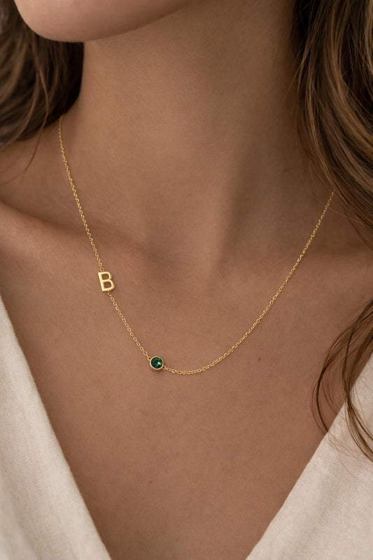 gold initial birthstone necklace minimalist cable chain