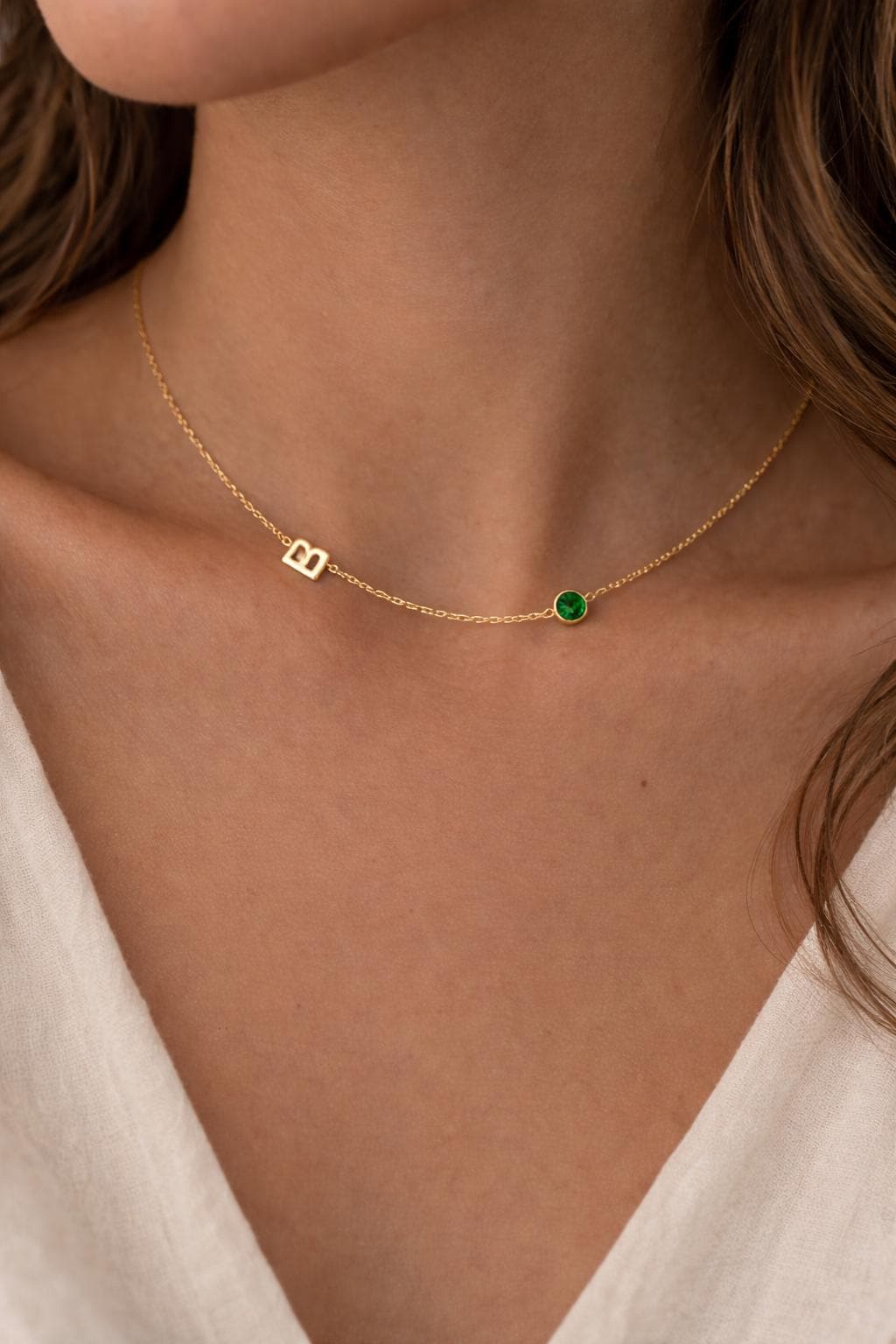 dainty B initial necklace with emerald birthstone