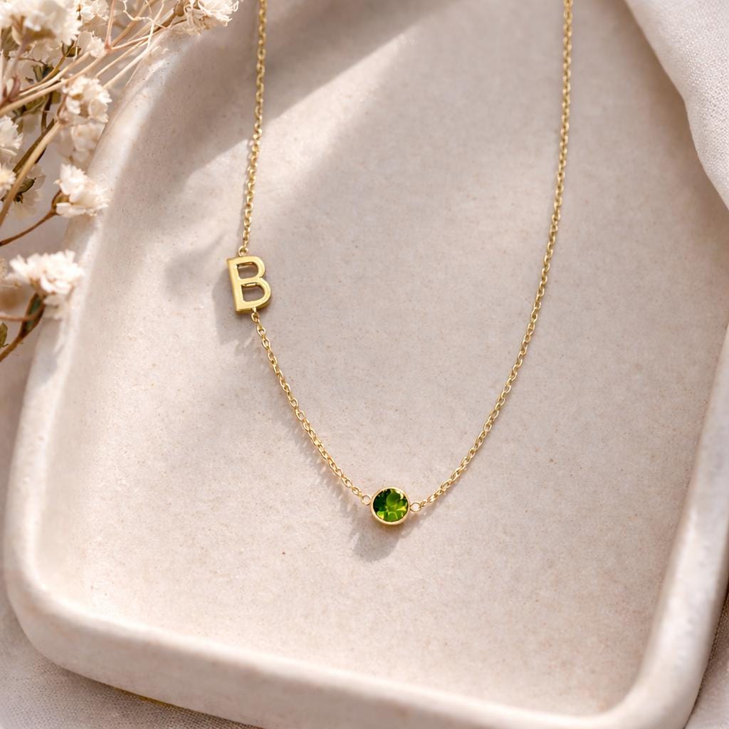 minimalist initial birthstone necklace close up