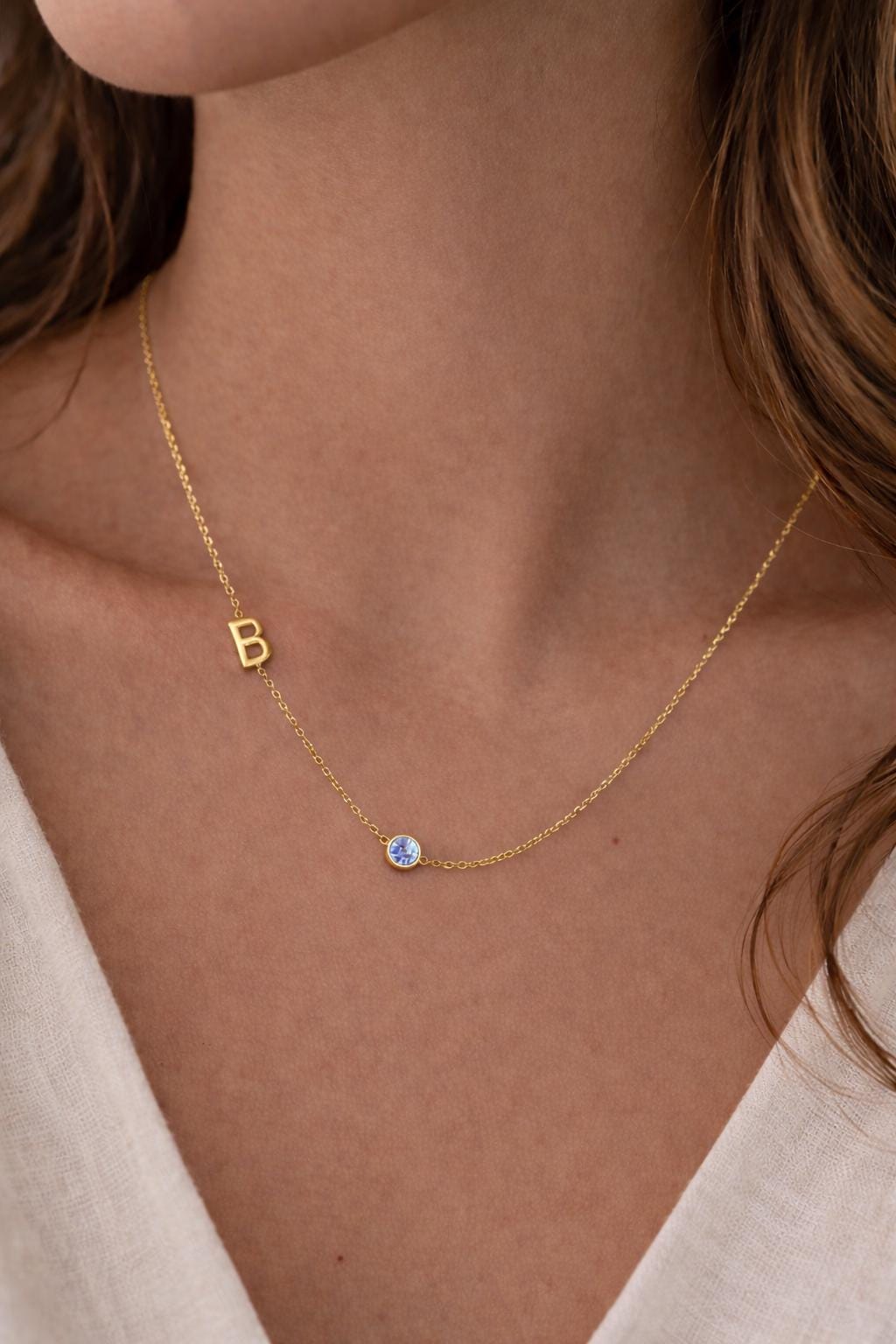 personalized letter birthstone necklace on model
