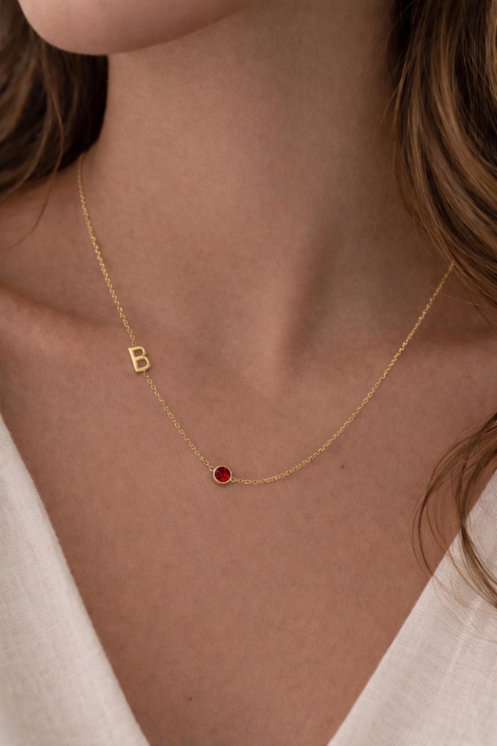 ruby birthstone initial necklace gold chain