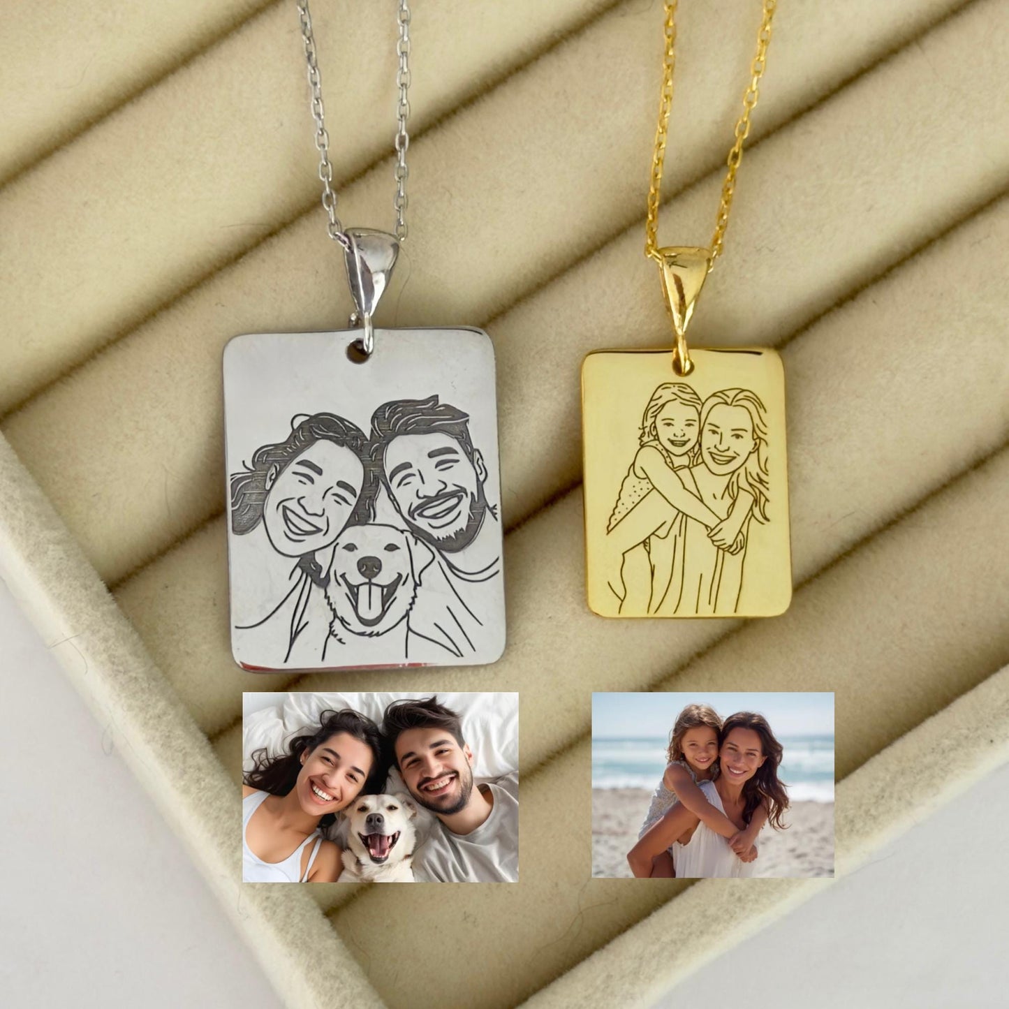 Personalized picture necklace with engraved portrait pendant.