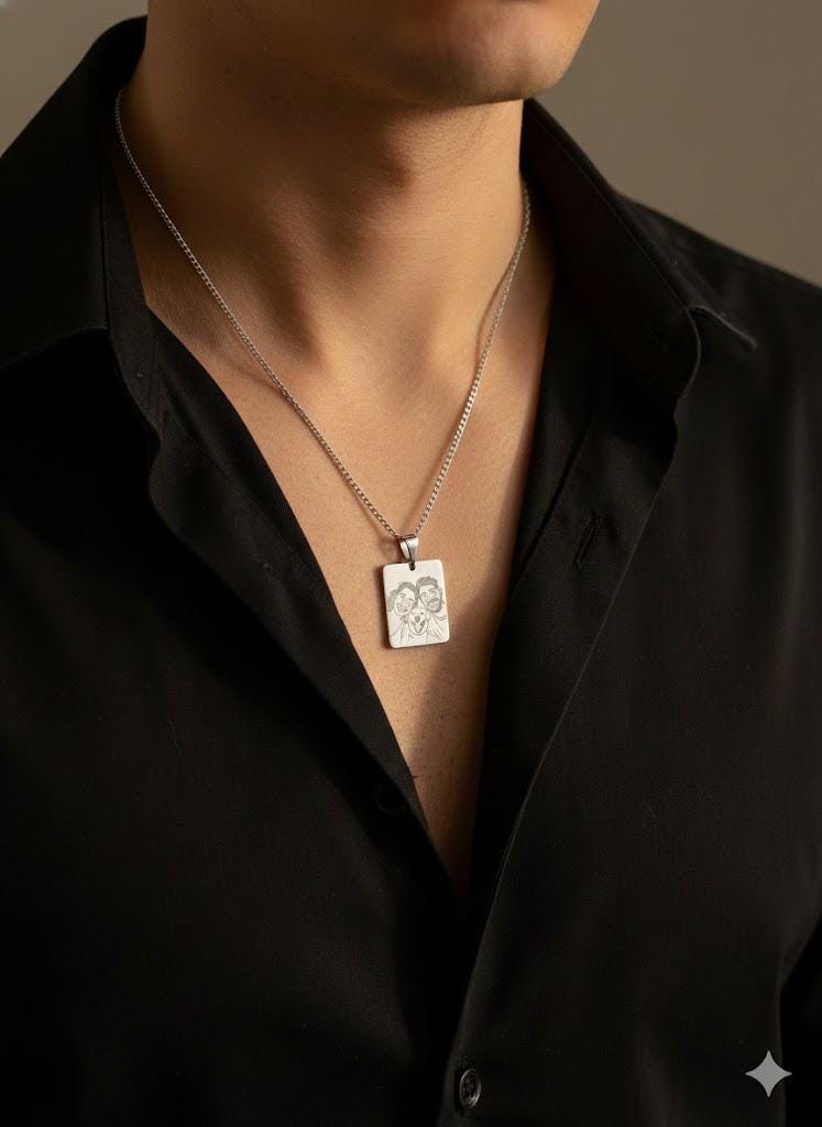 Custom pet photo necklace engraved on silver pendant.