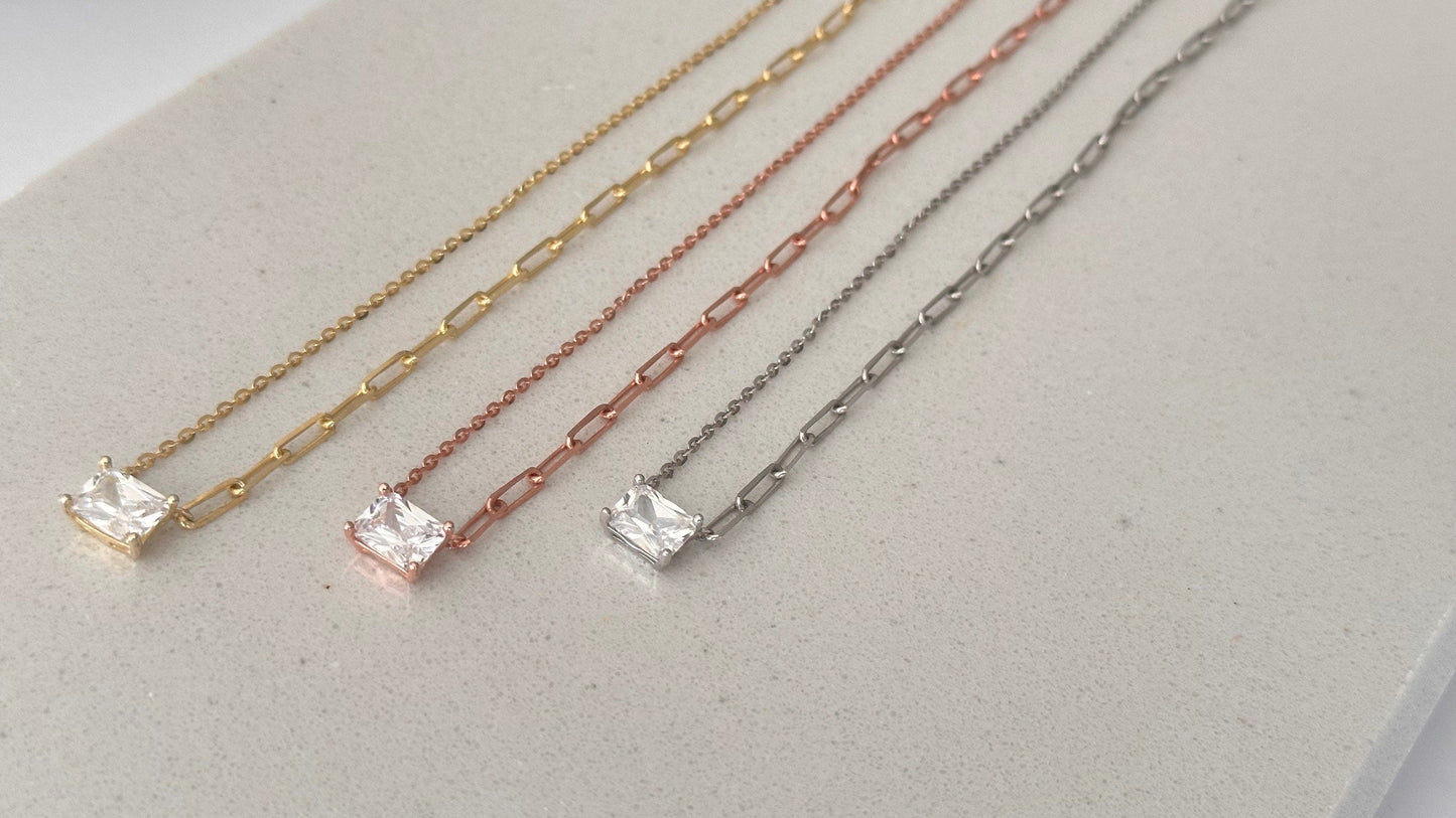 Baguette CZ necklace with emerald cut stone - 925 Sterling Silver, 14K Gold, Rose gold plated.