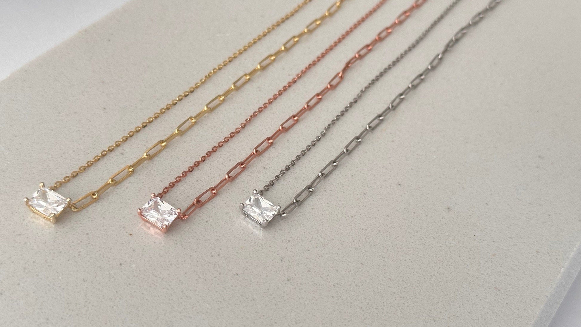 Baguette CZ necklace with emerald cut stone - 925 Sterling Silver, 14K Gold, Rose gold plated.