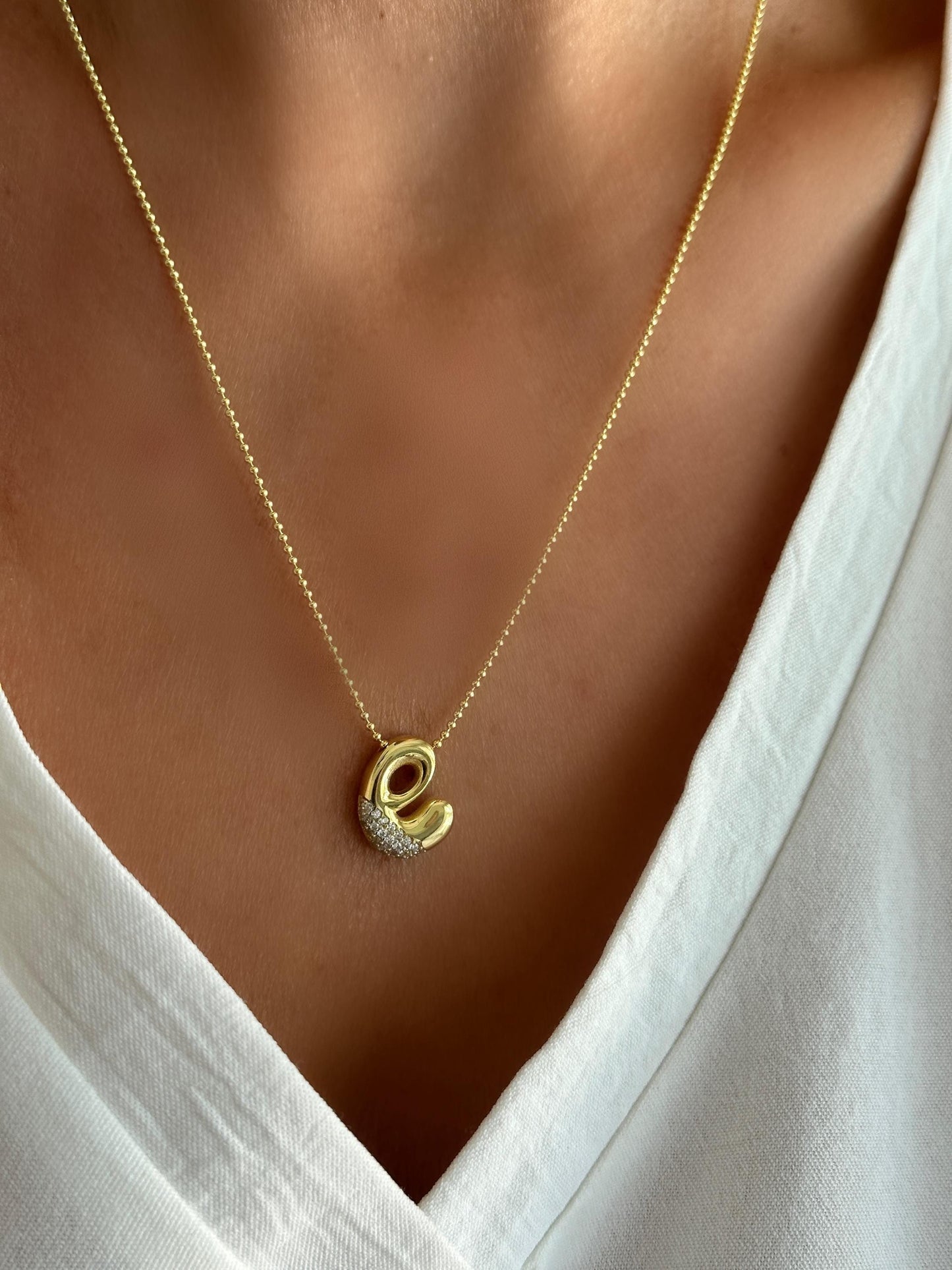 Sterling Silver Bubble Letter Necklace: CZ Diamond Initial Pendant Trendy Personalized Jewelry for Women