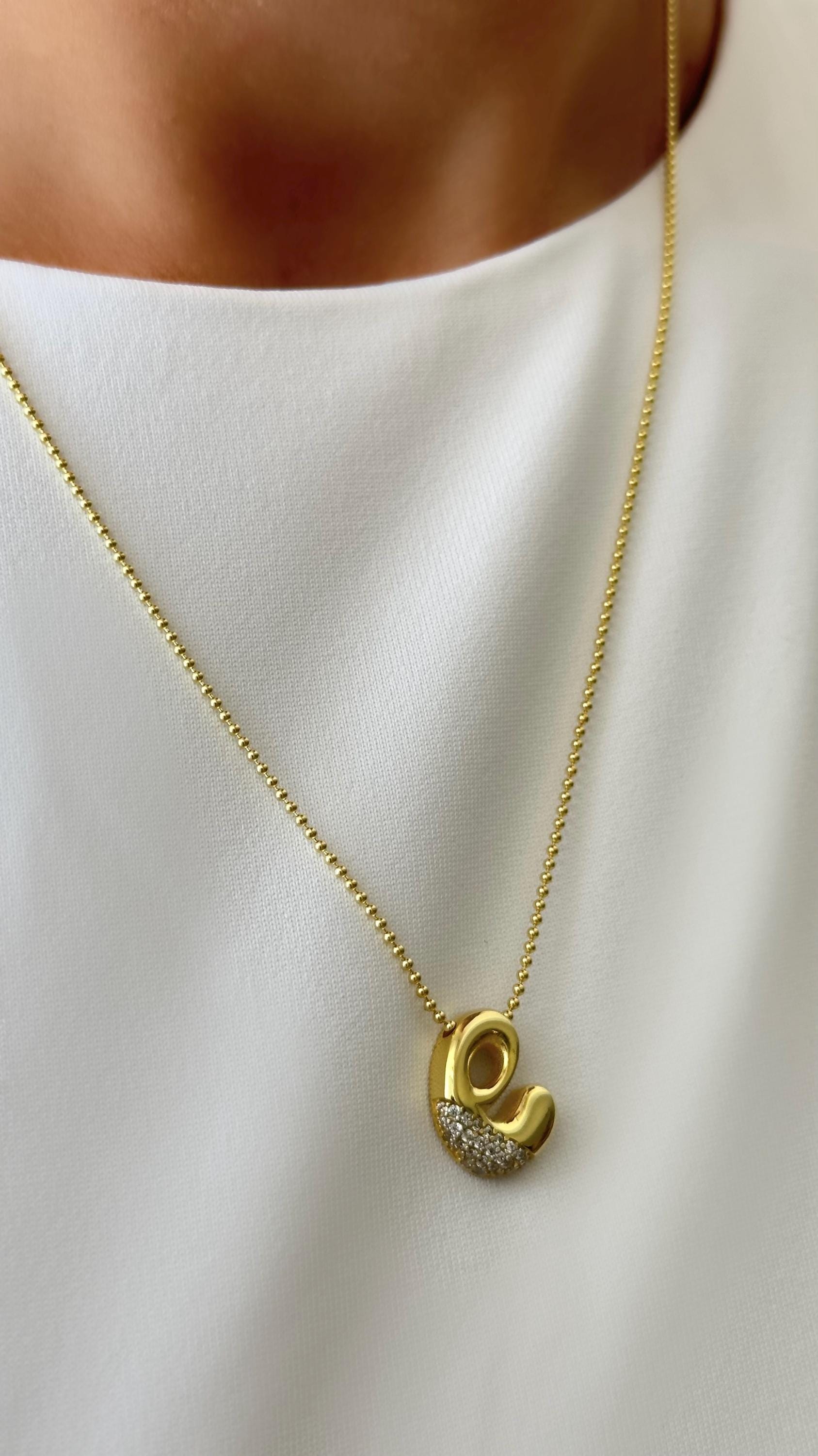 Sterling Silver Bubble Letter Necklace: CZ Diamond Initial Pendant Personalized Jewelry