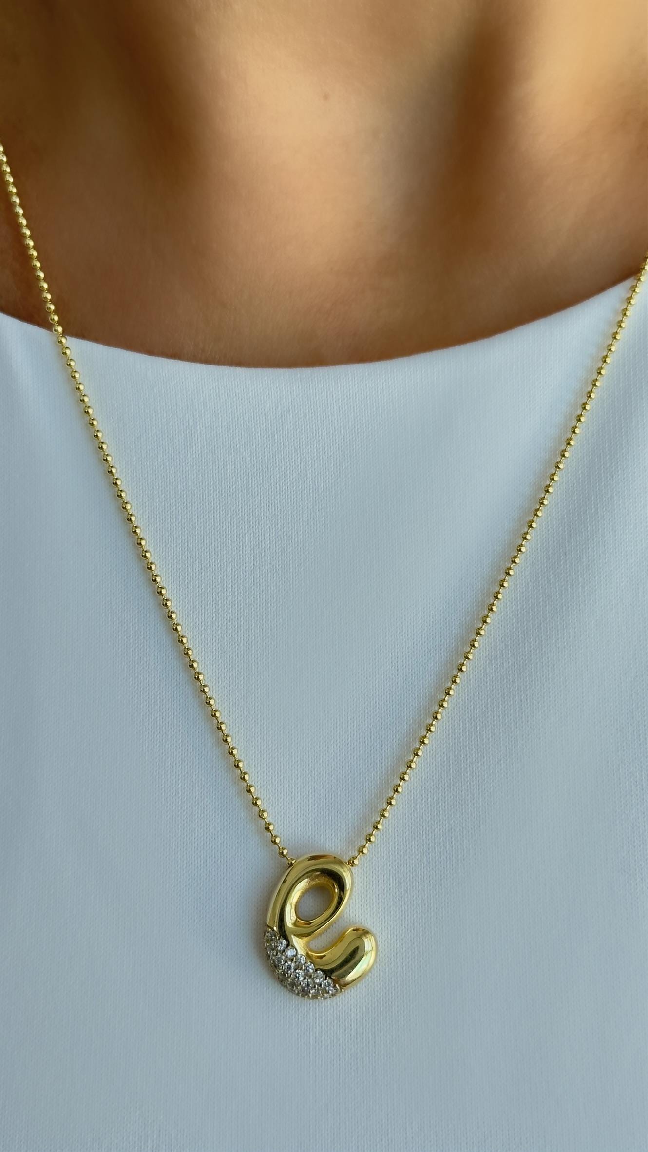 Sterling Silver Bubble Letter Necklace: CZ Diamond Initial Pendant Personalized Jewelry