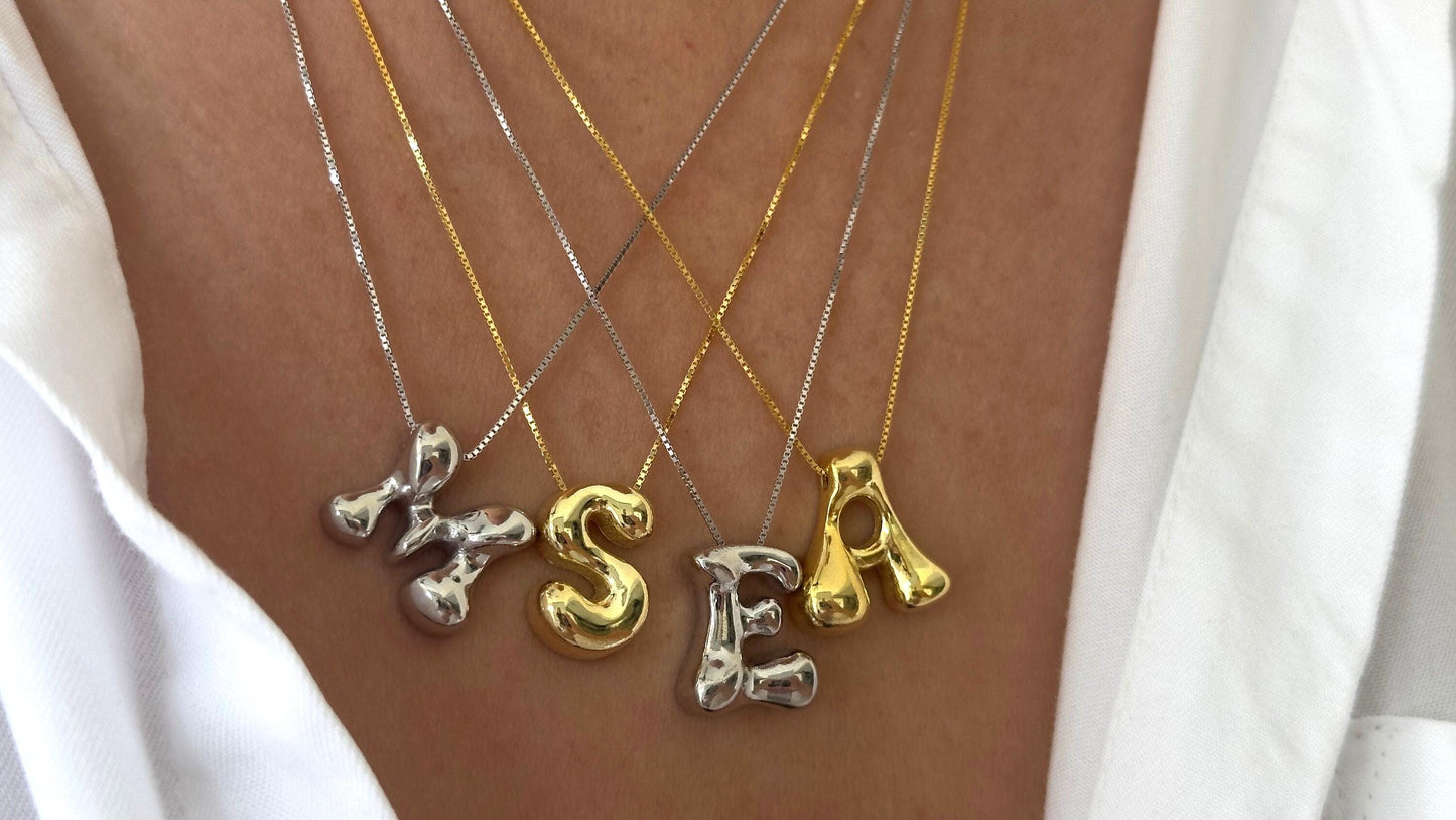 Sterling Silver Bubble Letter Necklace - 3d Puffy Initial Pendant 14k Gold Personalized Jewelry