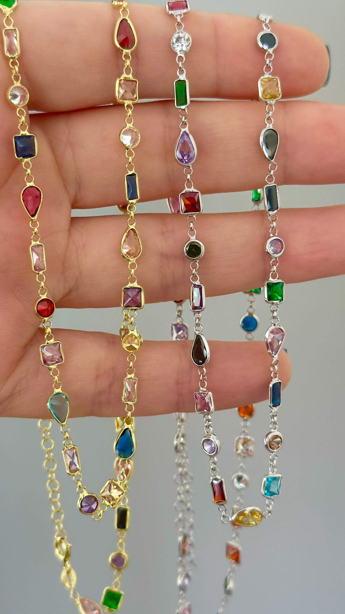 Multicolor Diamond Necklace, Colorful CZ Gemstone Chain Necklace, 14k Gold Plated, Multicolor Stone Layering Necklaces for Women, 925 Sterling Silver Stack Jewelry gifts for her.